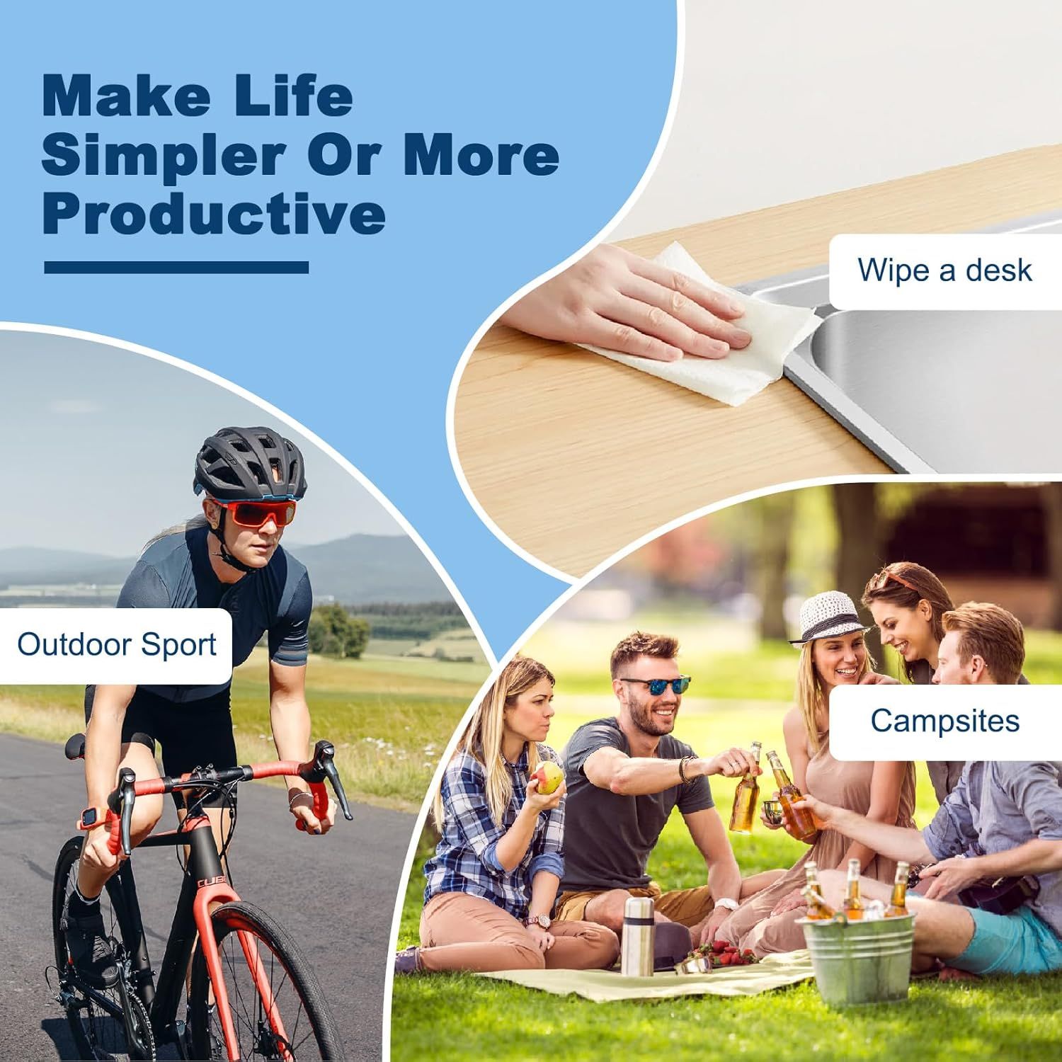Demonstrates the product's versatility by showing three distinct use scenarios—outdoor sports, desk/office cleaning, and camping—to communicate that it works…