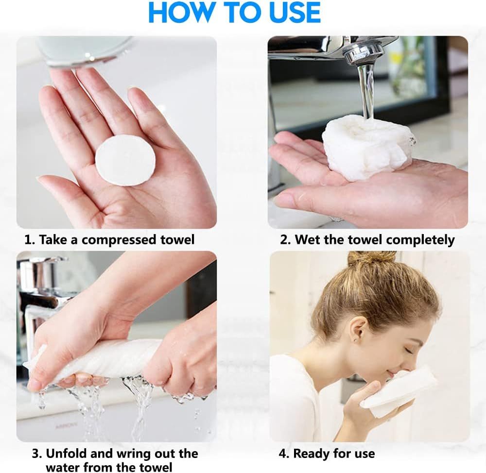 Demonstrates the 4-step process for using compressed towels, showing shoppers exactly how to activate and use the product from compressed form to ready-to-use…
