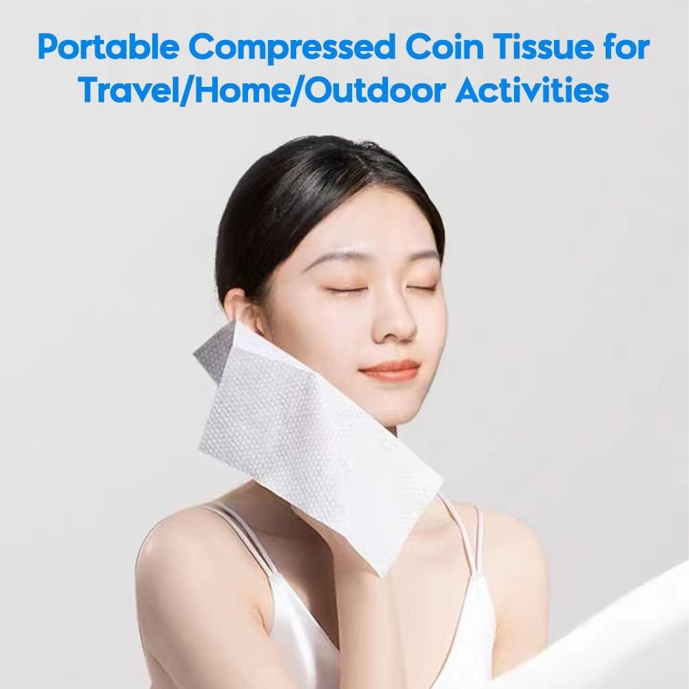 Demonstrates the versatility of the compressed coin tissue by showing it can be used in multiple scenarios (travel, home, outdoor activities), reassuring…