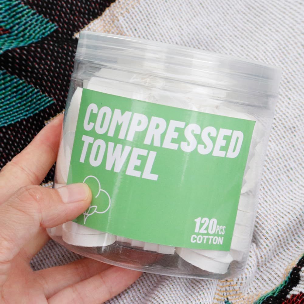 Demonstrates the product's space-saving compressed format, showing how the towels are packaged in a small, portable container for travel or storage convenience.