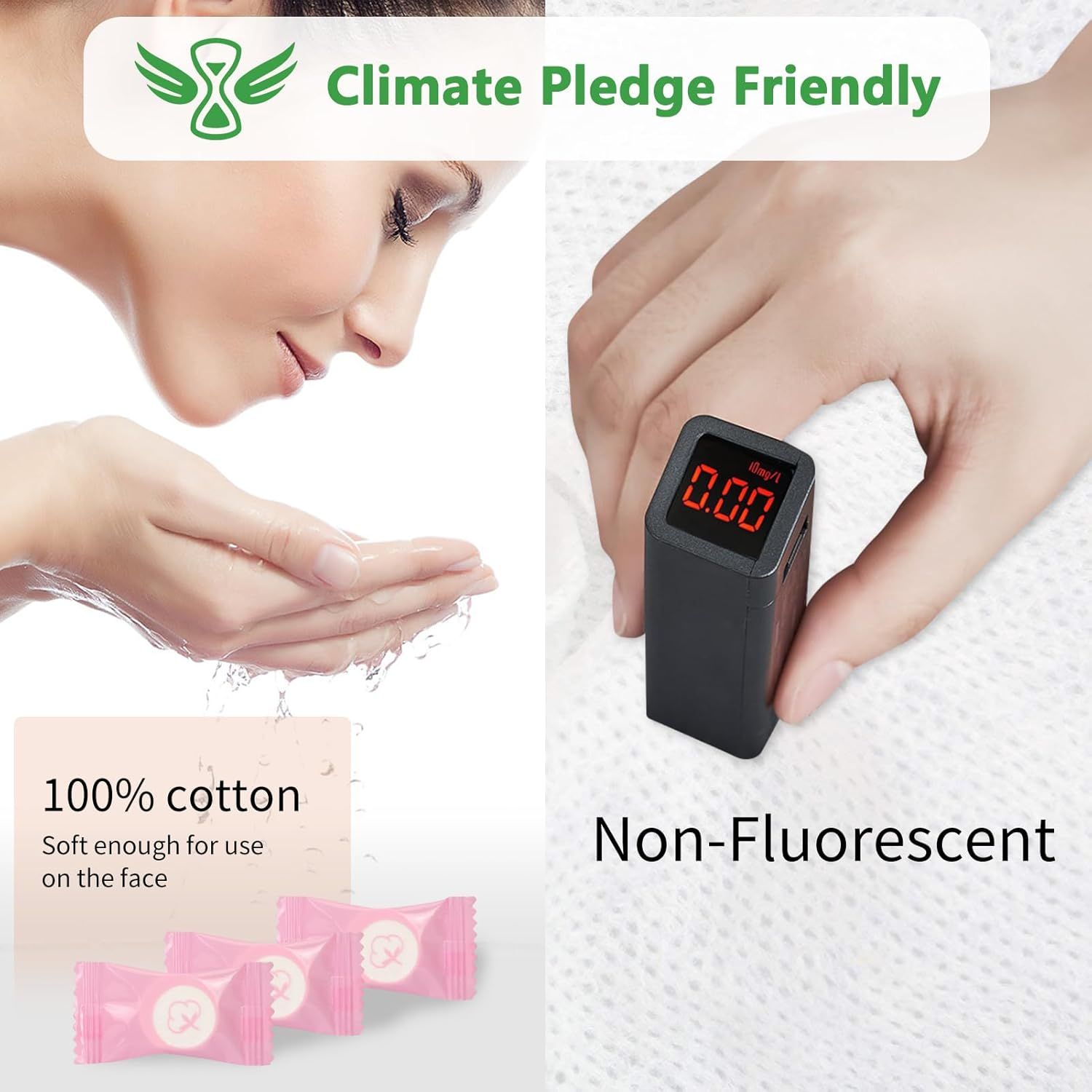 Communicates multiple product benefits including environmental responsibility, soft cotton material safe for facial use, and non-fluorescent properties to reassure shoppers about product safety and…