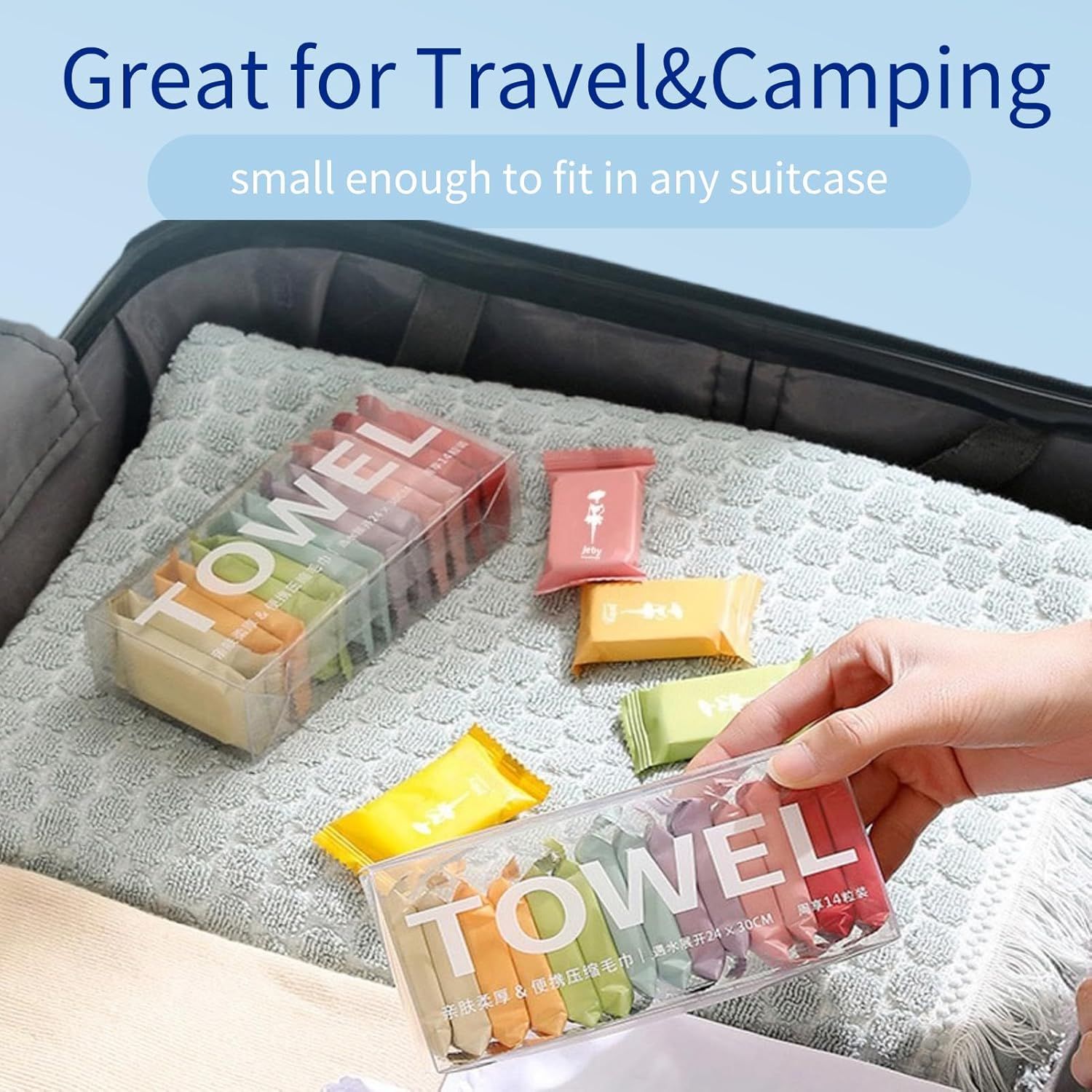 Demonstrates that the product is compact and portable, perfect for travel and camping scenarios by showing it fits easily in a suitcase. Highlights the…