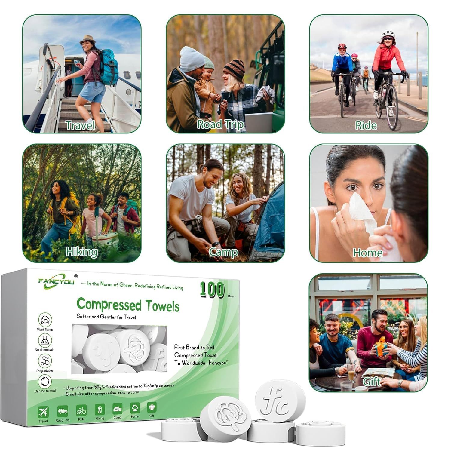 Demonstrates the versatility of the compressed towels by showing seven different scenarios where the product can be used, from outdoor adventures to everyday home use and gifting.