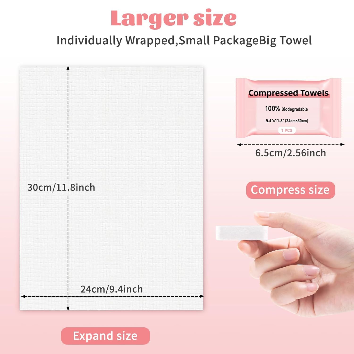 Demonstrates the product's dual sizing—showing both the compact compressed package size for portability and the full expanded towel dimensions to reassure…