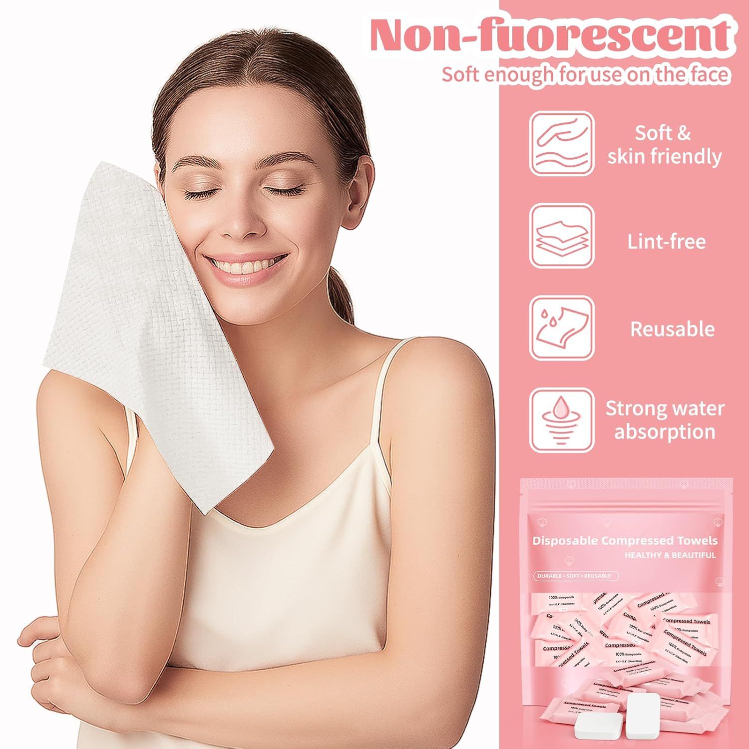 Communicates multiple distinct benefits of the disposable compressed towels in a segmented layout with icons, reassuring shoppers of the product's quality,…