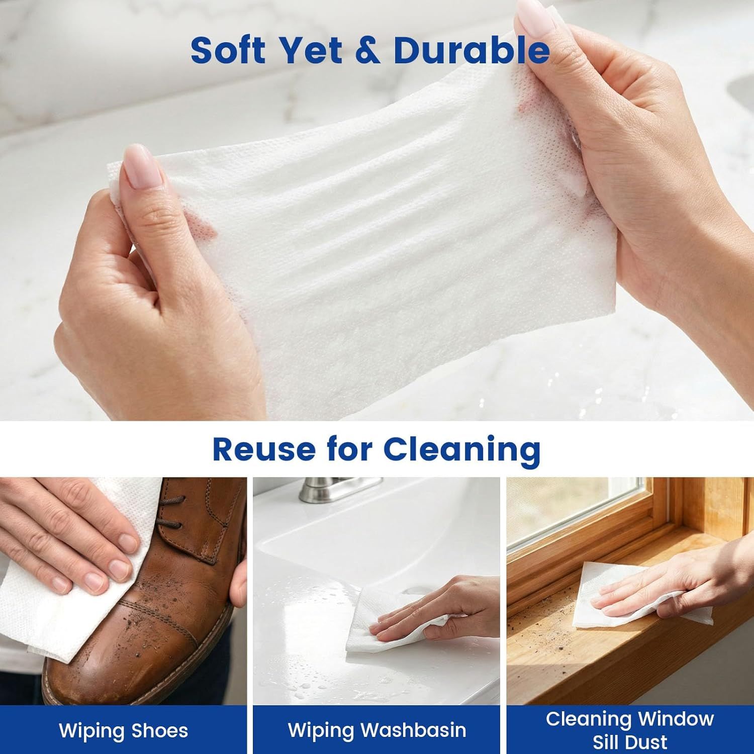 Demonstrates the product's versatility by showing multiple cleaning applications (shoes, washbasin, window sills) to reassure shoppers that this reusable…