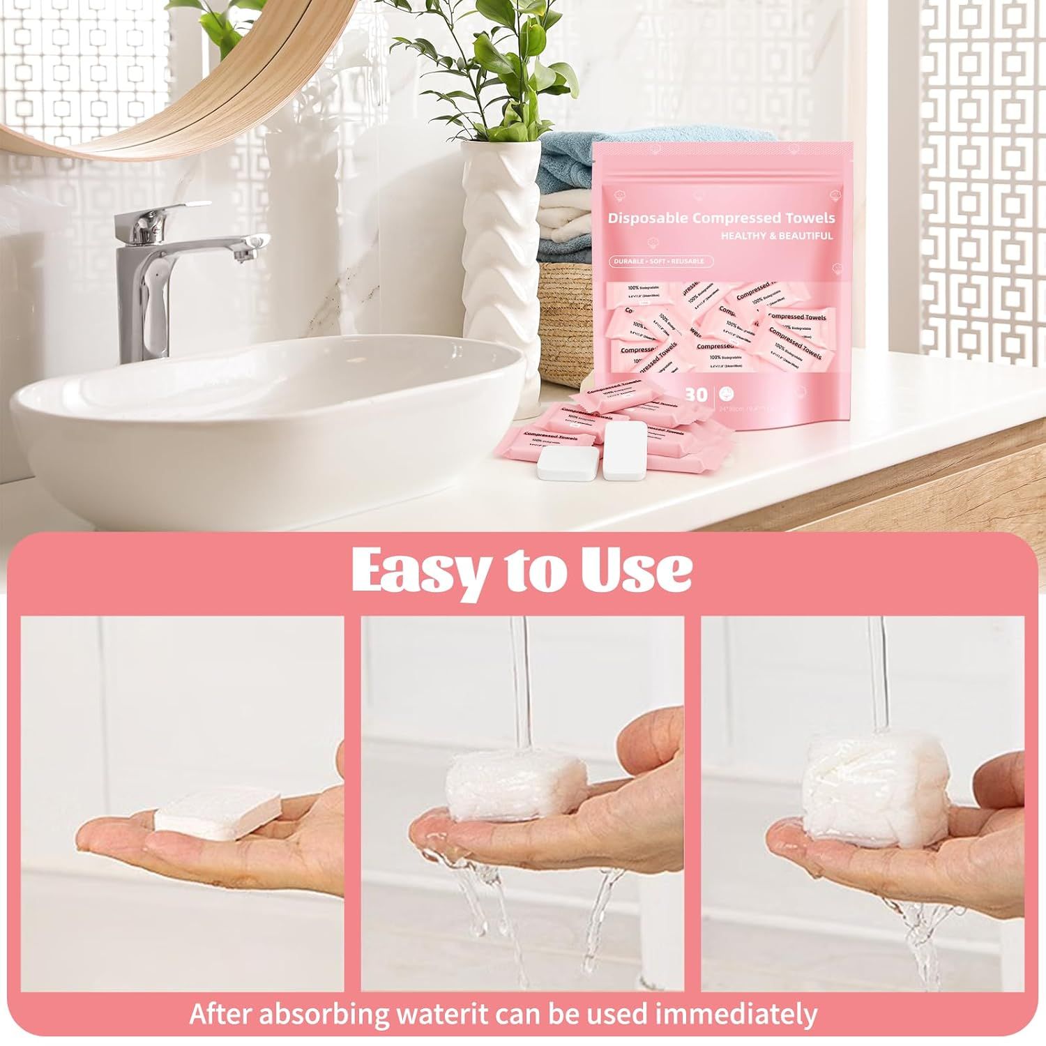 Demonstrates the simple 3-step process of using the compressed towels: place in hand, add water, and watch it expand for immediate use. Highlights the…