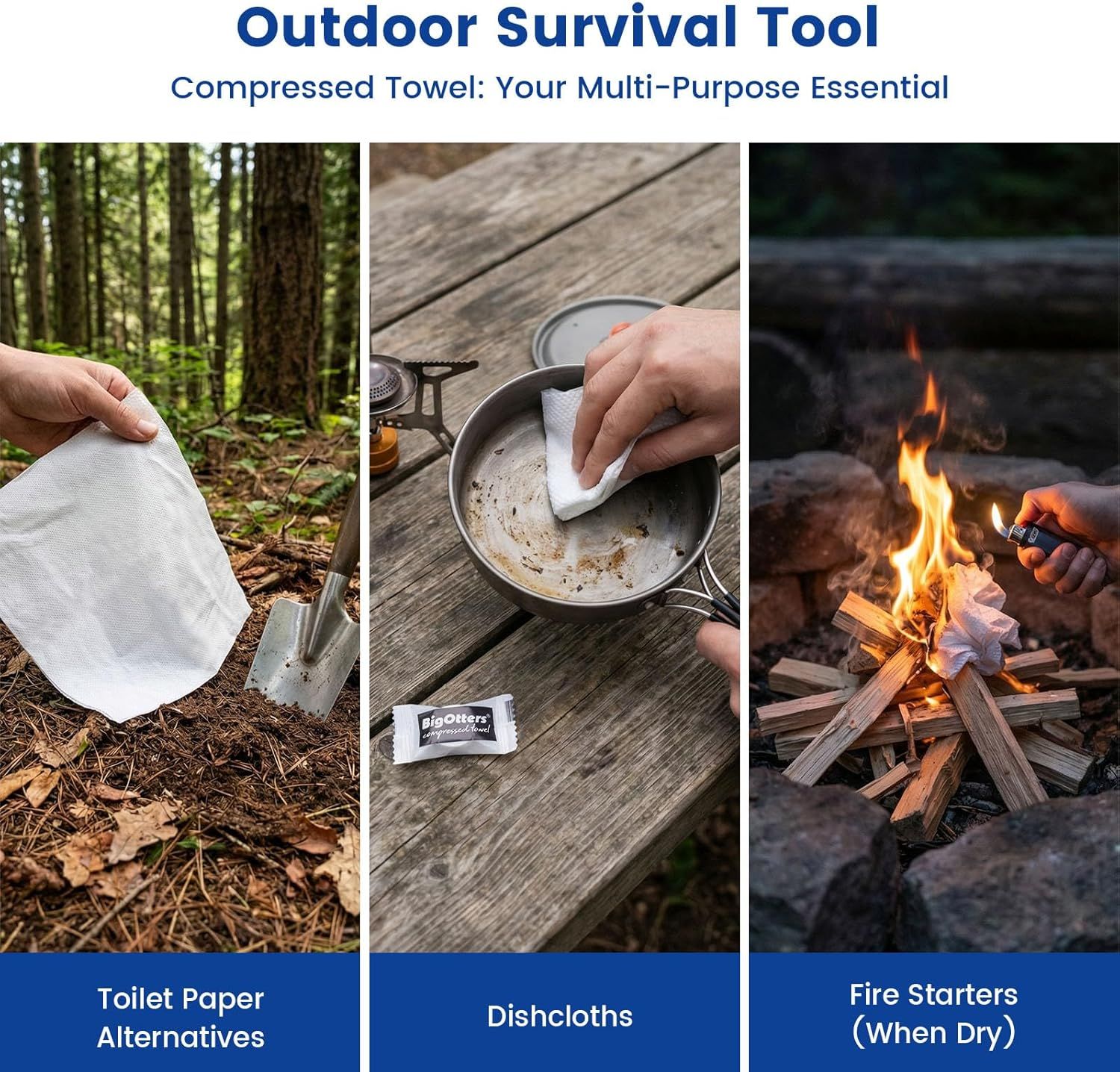 Demonstrates the versatility of the compressed towel by showing three distinct outdoor survival applications, reassuring shoppers that this is a…