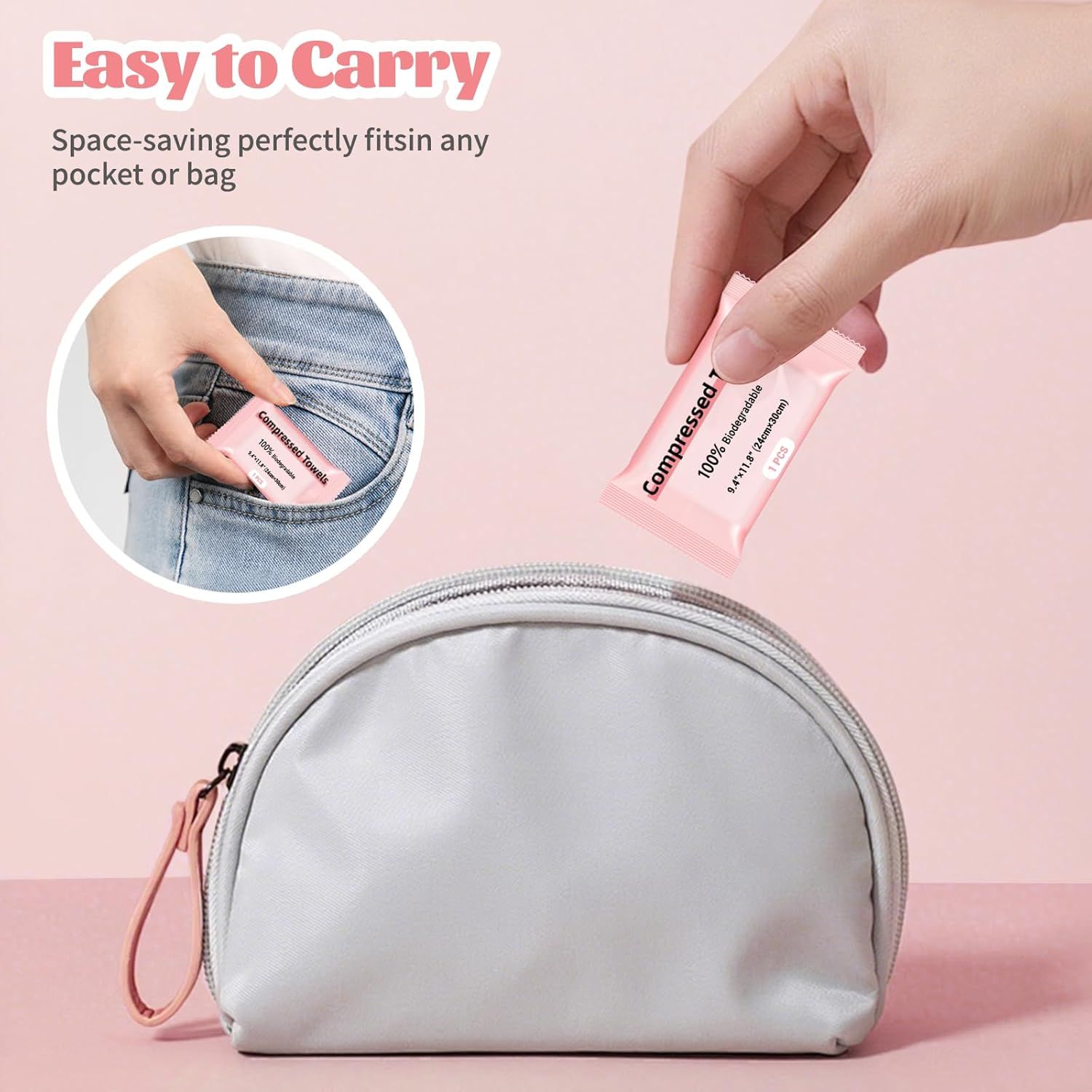 Demonstrates that the product is compact and portable, fitting easily into pockets or bags for convenient on-the-go use.
