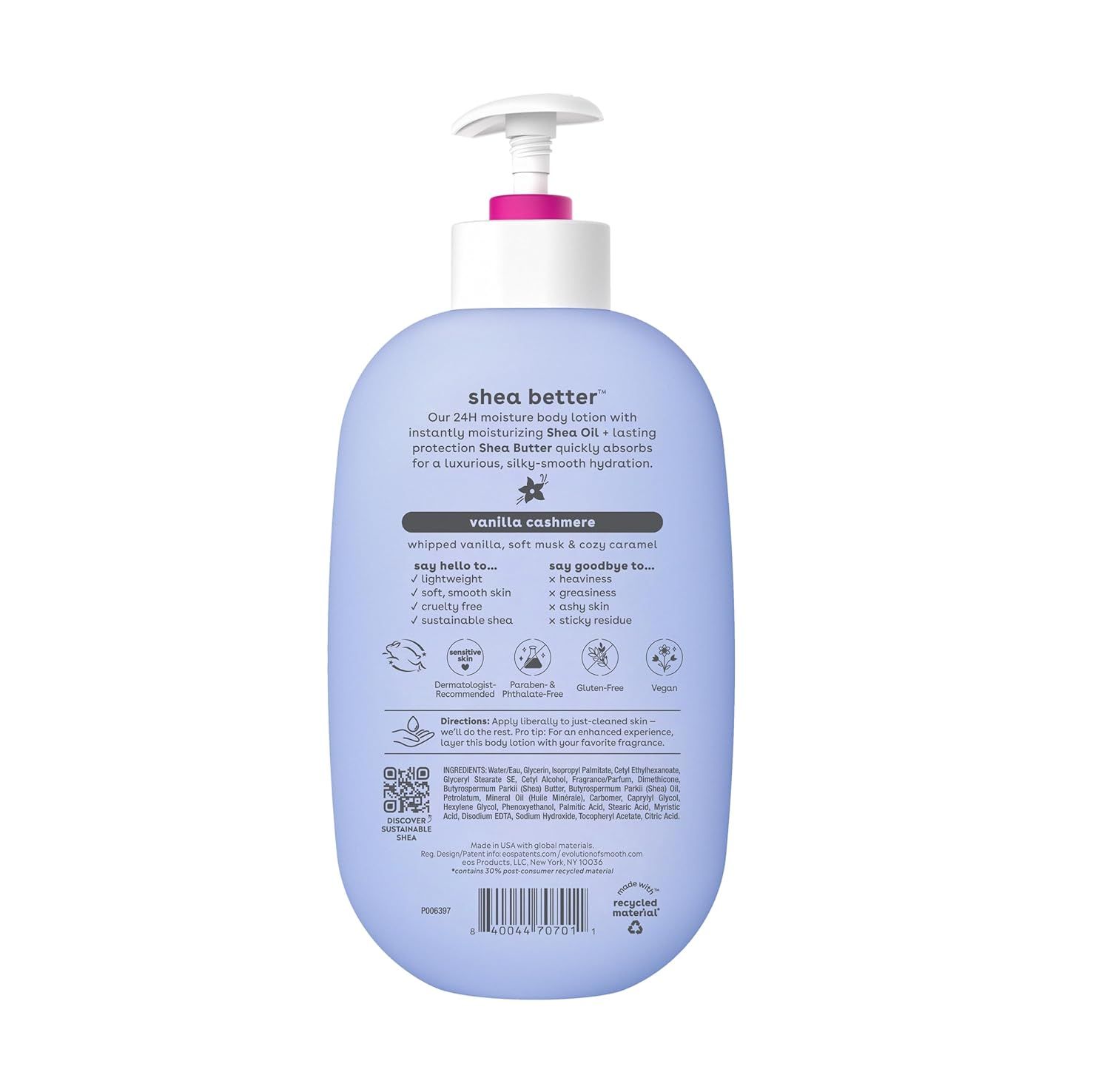 Communicates multiple product benefits in a segmented layout including moisturizing ingredients, texture benefits, ethical claims, and certifications to reassure shoppers of quality and values…