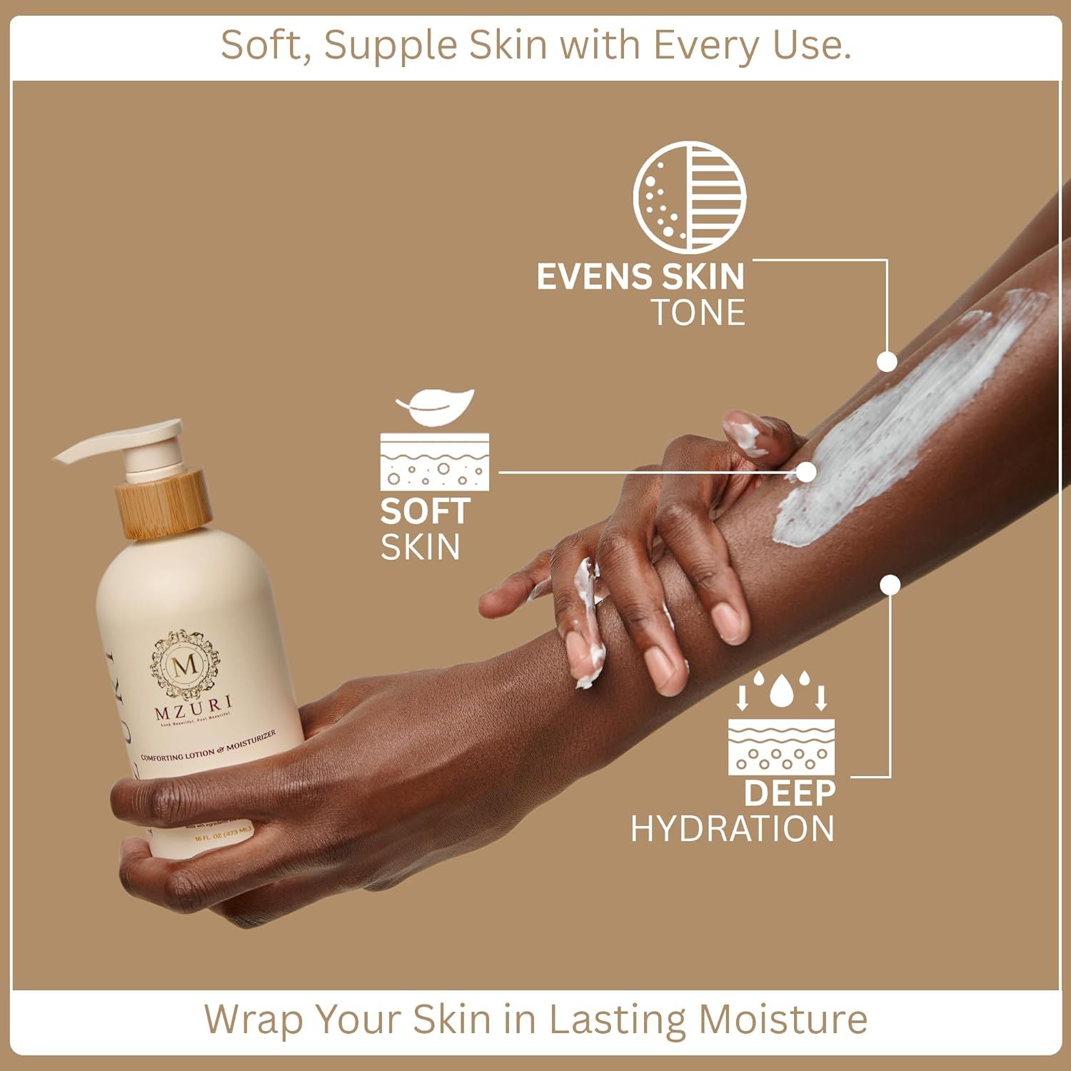 Communicates three distinct skincare benefits of the lotion—evening skin tone, softening skin, and providing deep hydration—to reassure shoppers of the product's comprehensive moisturizing and…