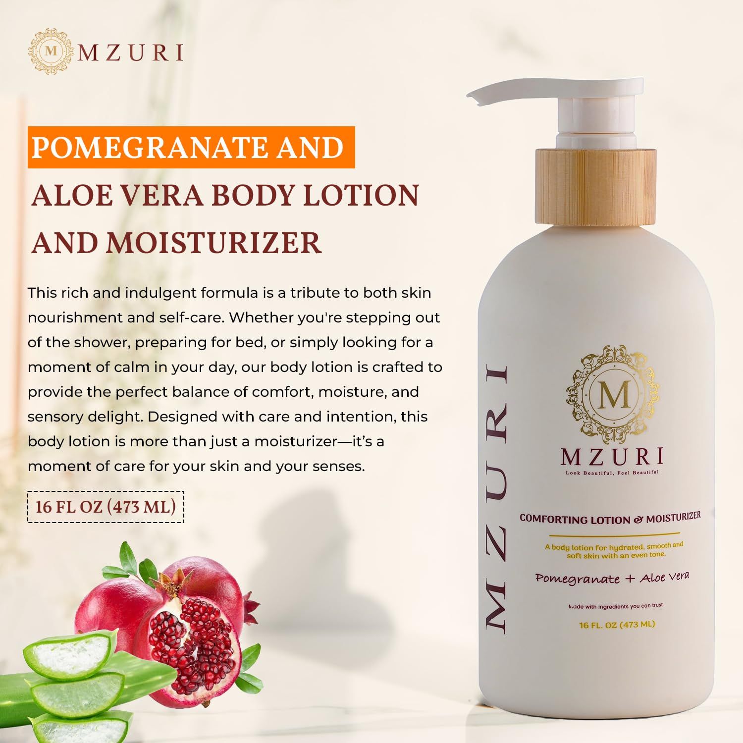 Communicates the product's core benefit of providing rich moisture and nourishment through pomegranate and aloe vera ingredients, positioning it as a self-care essential for comfort and sensory…