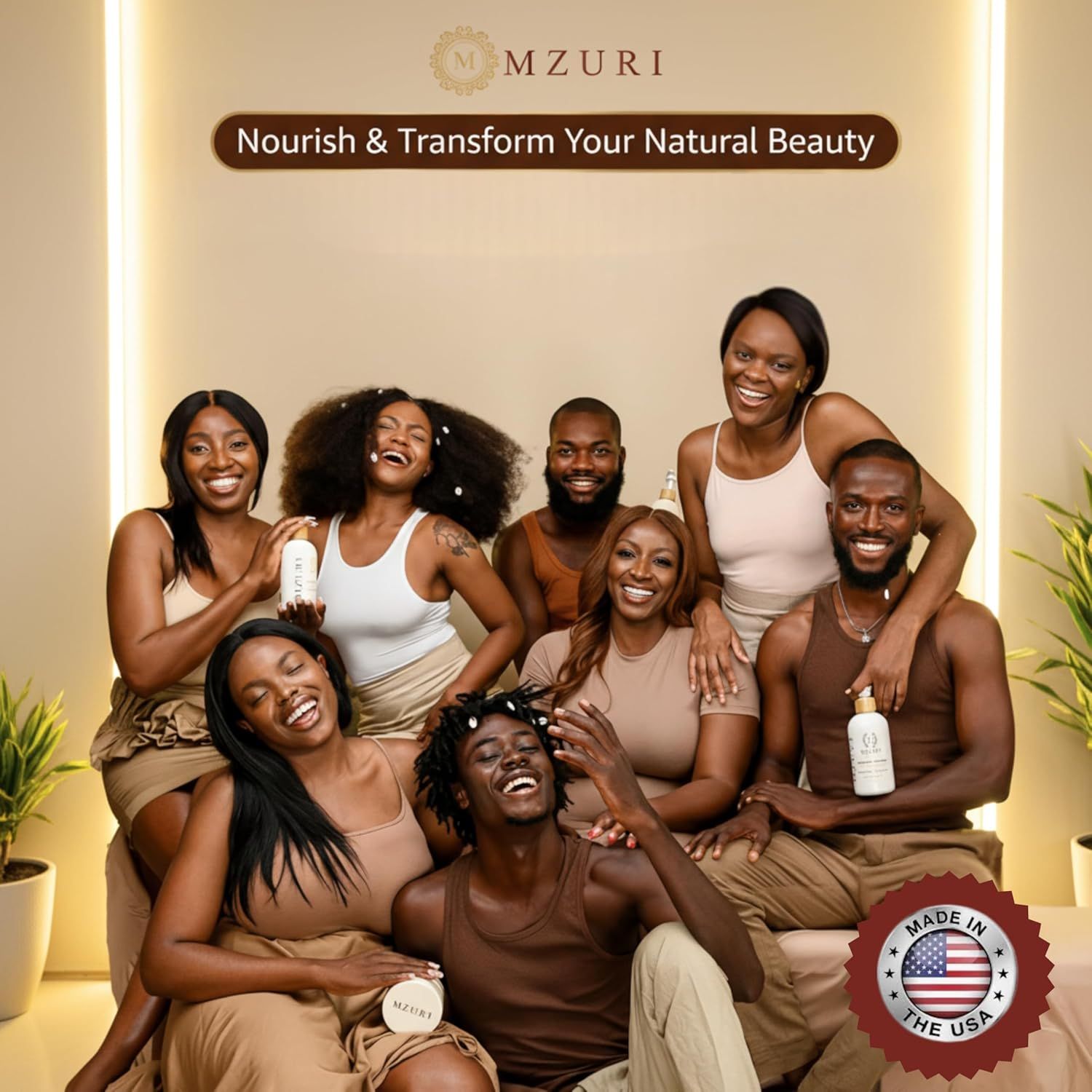 Communicates the brand's identity and values, emphasizing inclusivity and natural beauty for diverse skin tones while highlighting its USA manufacturing origin.