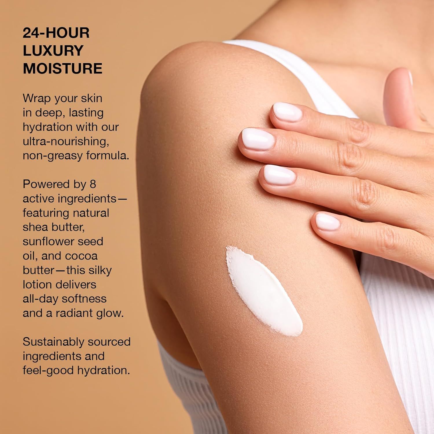 Communicates multiple distinct benefits of the moisturizer including long-lasting hydration, natural ingredient composition, texture quality, and sustainability to appeal to health-conscious and…