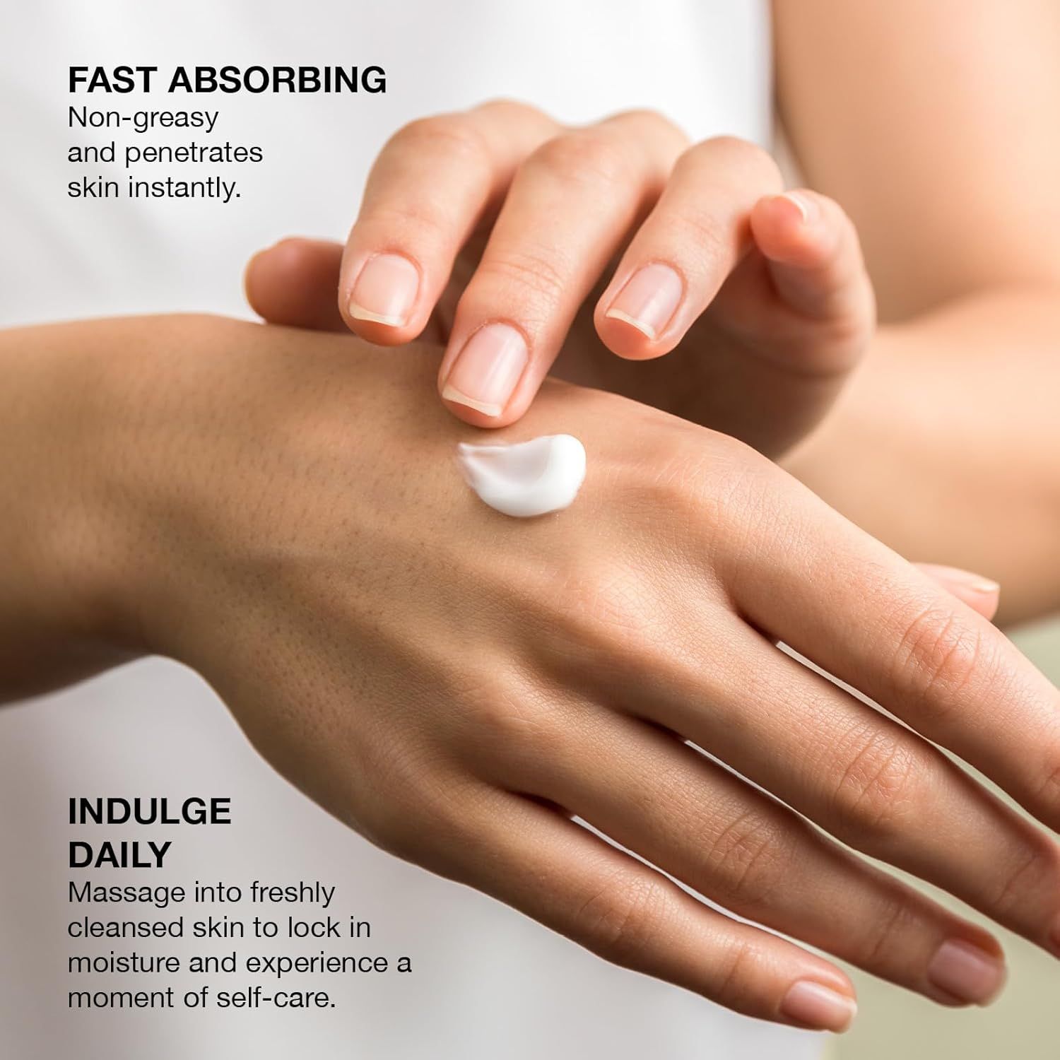 Communicates multiple product benefits including fast absorption, non-greasy formula, and daily moisturizing routine to reassure shoppers about texture and usage experience.