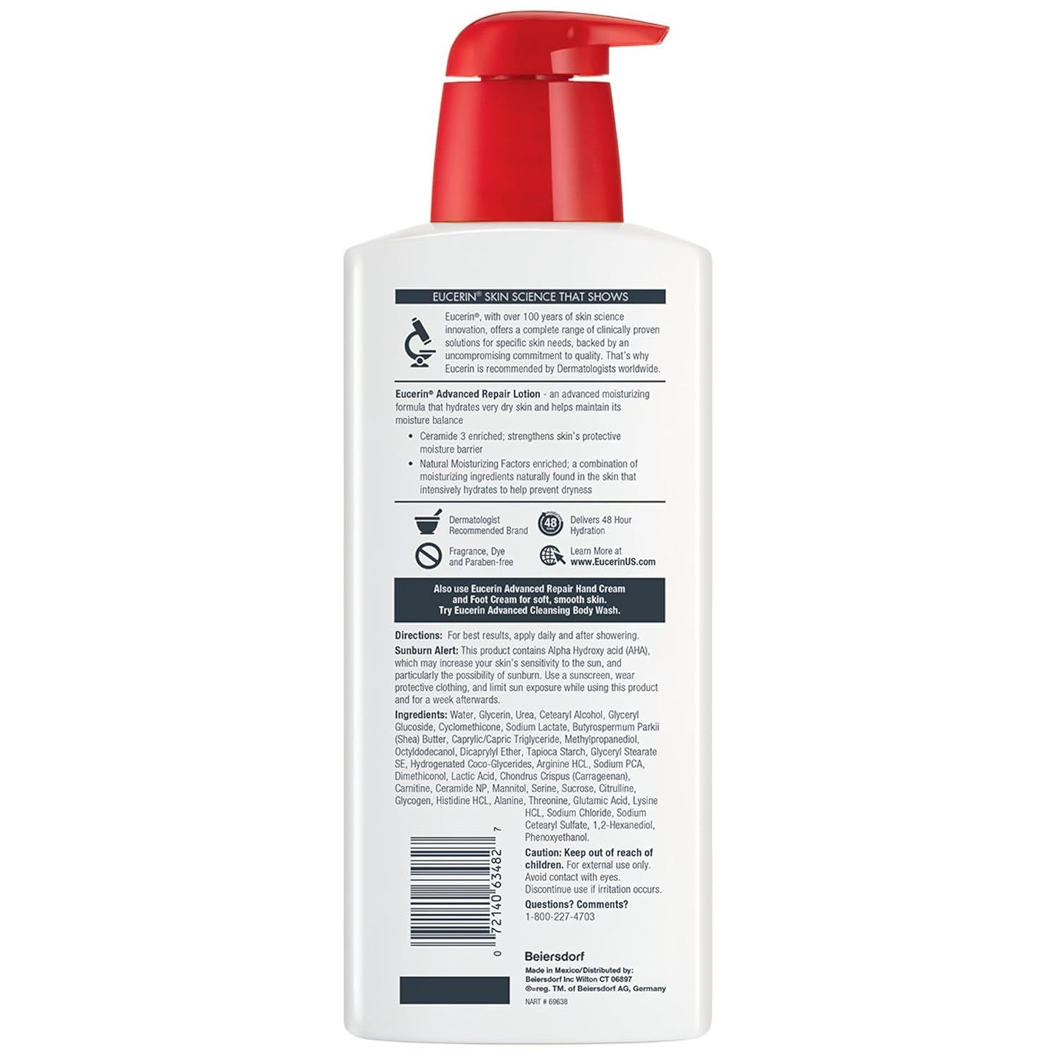 Communicates multiple key benefits and features of the Eucerin Advanced Repair Lotion, including its moisturizing ingredients, long-lasting hydration, dermatologist recommendation, and…