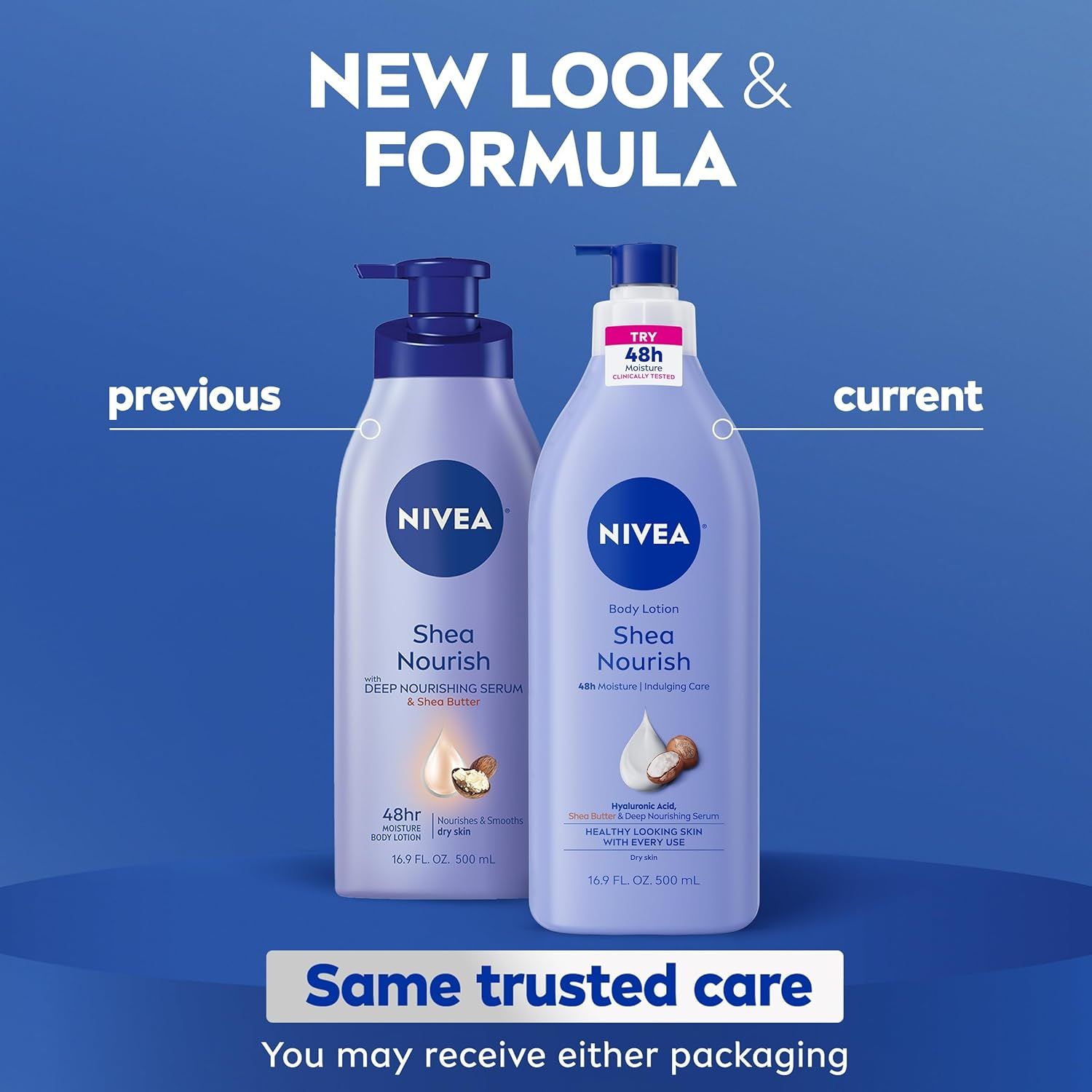 Informs shoppers that the product has a new look and formula, showing both previous and current packaging side-by-side to reassure them it's the same trusted product despite the visual change.