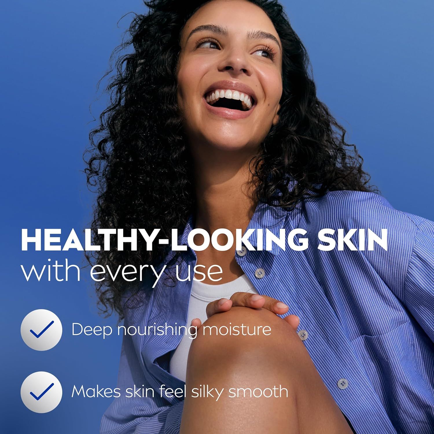 Communicates multiple skincare benefits in a segmented layout with checkmarks, showing the product delivers healthy appearance, deep moisture, and smooth texture.