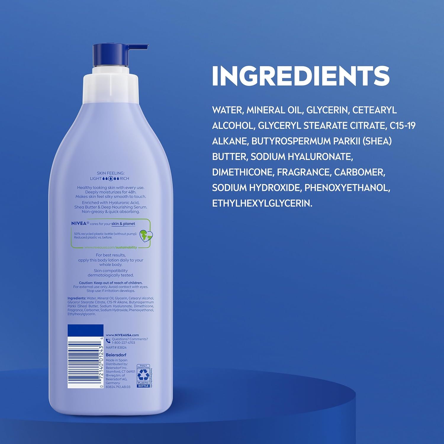 Provides transparency by listing all product ingredients and highlighting the brand's sustainability commitment with recycled packaging information, building trust with ingredient-conscious shoppers.