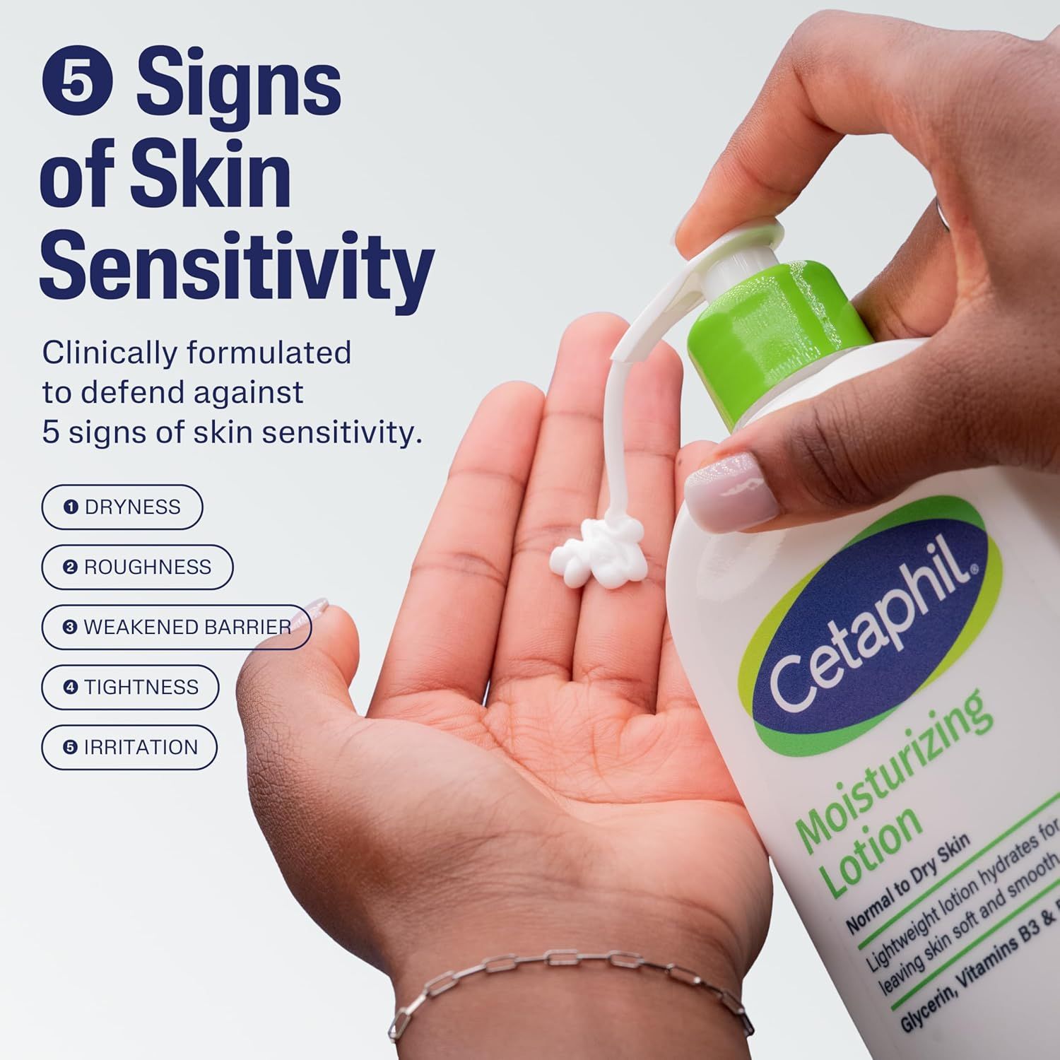 Communicates that the product is clinically formulated to address five specific signs of skin sensitivity (dryness, roughness, weakened barrier, tightness, irritation), reassuring shoppers with…