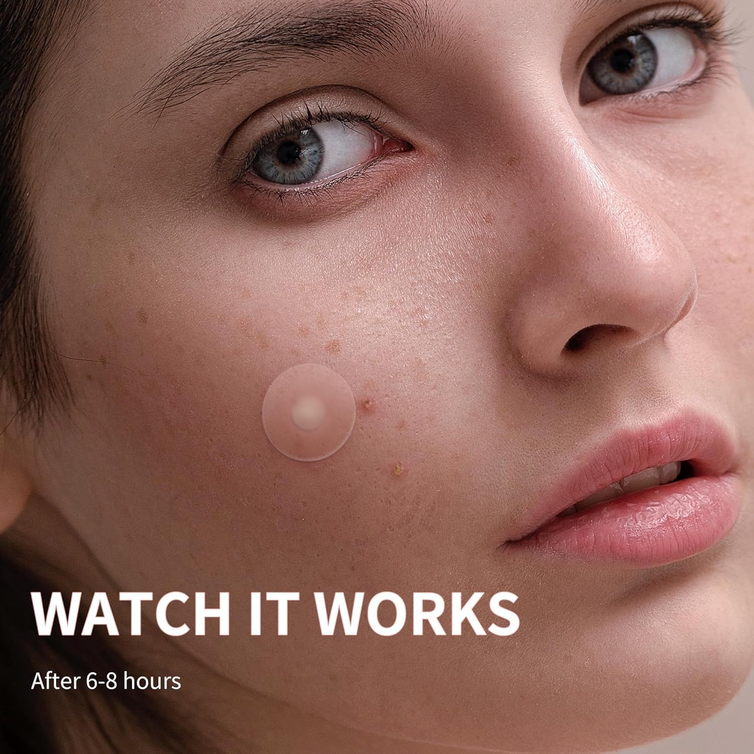 Instructs shoppers on how to use the product (likely an acne patch or skincare treatment) by showing application on a blemish and indicating the time frame for visible results. Demonstrates the…