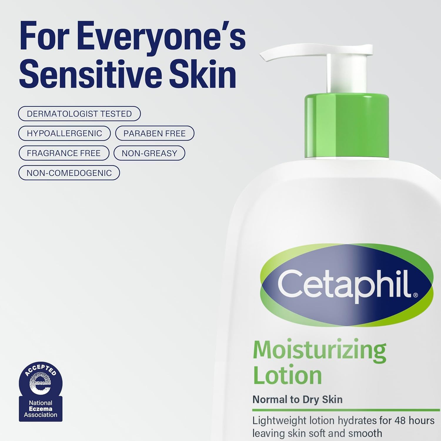 Communicates multiple product benefits and safety features to reassure shoppers with sensitive skin that this lotion is gentle, safe, and effective for long-lasting hydration.