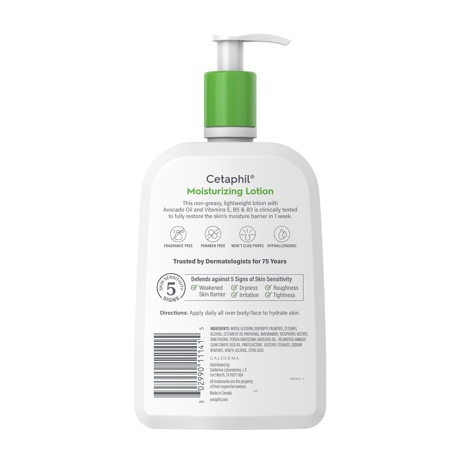 Displays the full product bottle on a clean white background to show the packaging design, pump dispenser, and overall appearance of the Cetaphil Moisturizing Lotion.