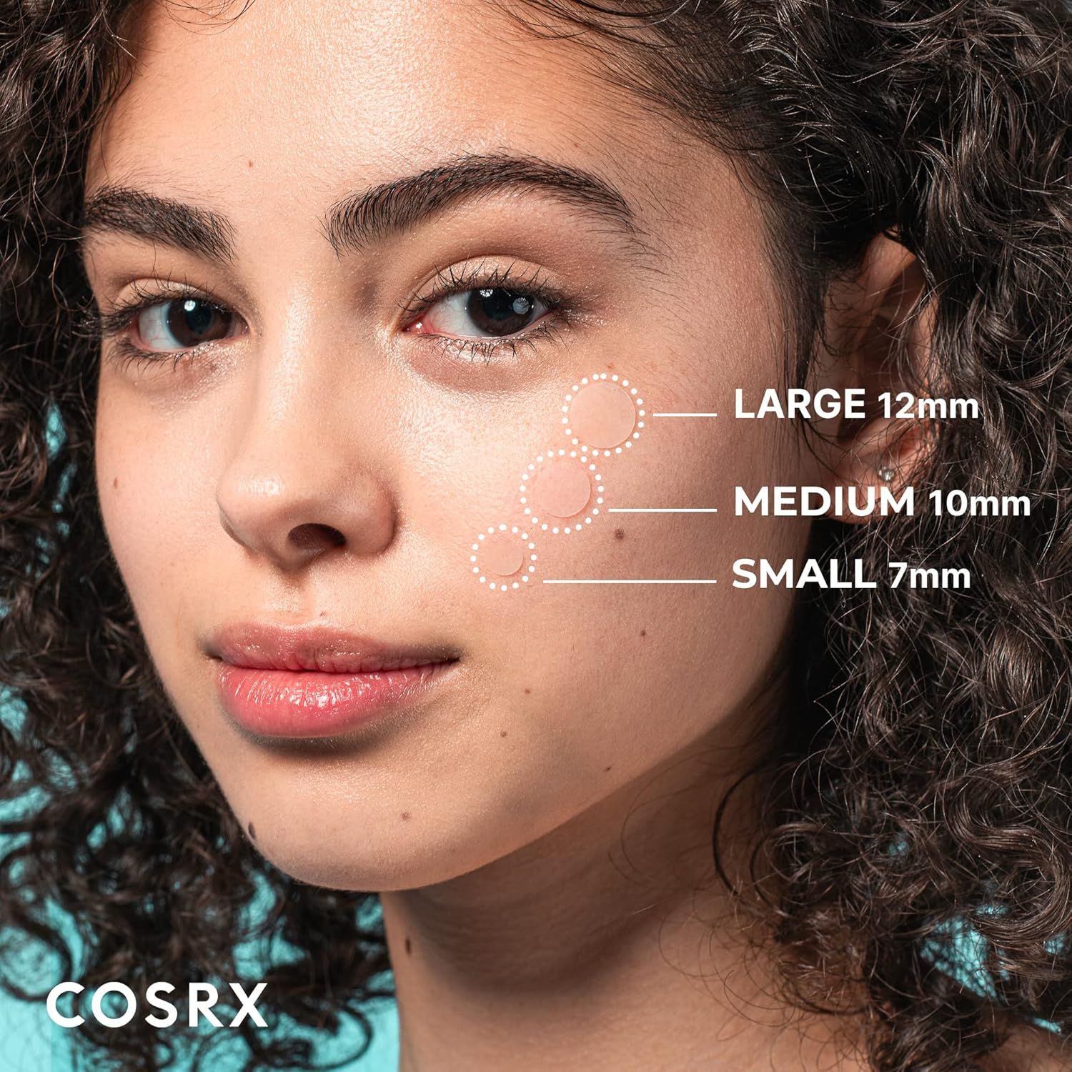 Helps shoppers understand the available size options for the product (likely acne patches or skincare applicators) by showing exact measurements overlaid on a face for scale and context. Establishes…