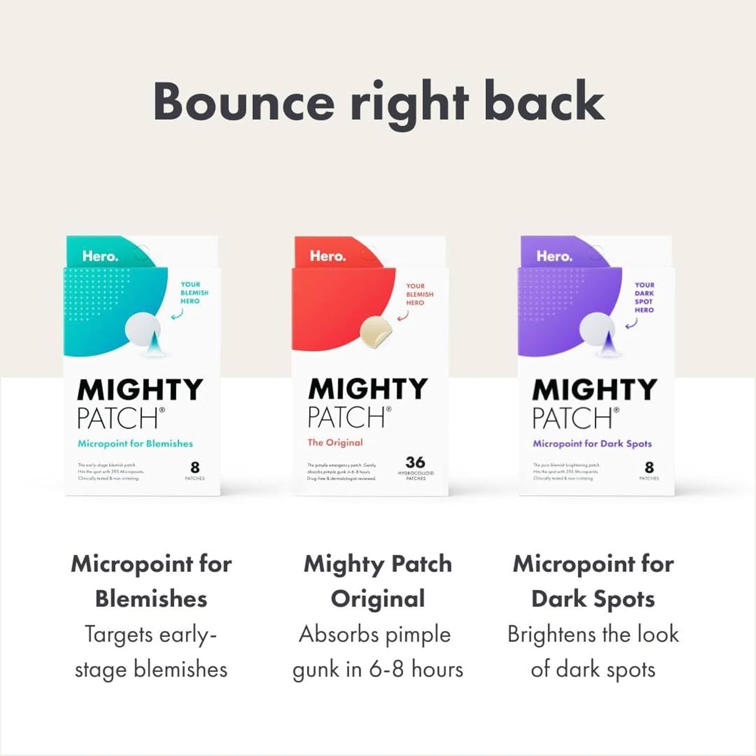 Displays the brand's product portfolio of three Mighty Patch variants side-by-side to help shoppers understand the different options available and choose the right product for their specific…