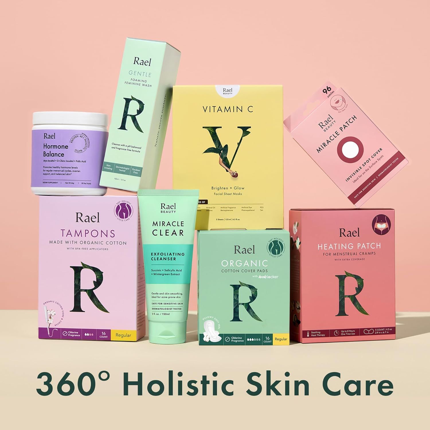 Showcases the Rael brand's full product portfolio to communicate the breadth of their holistic skin care and feminine care offerings, building brand recognition and trust.
