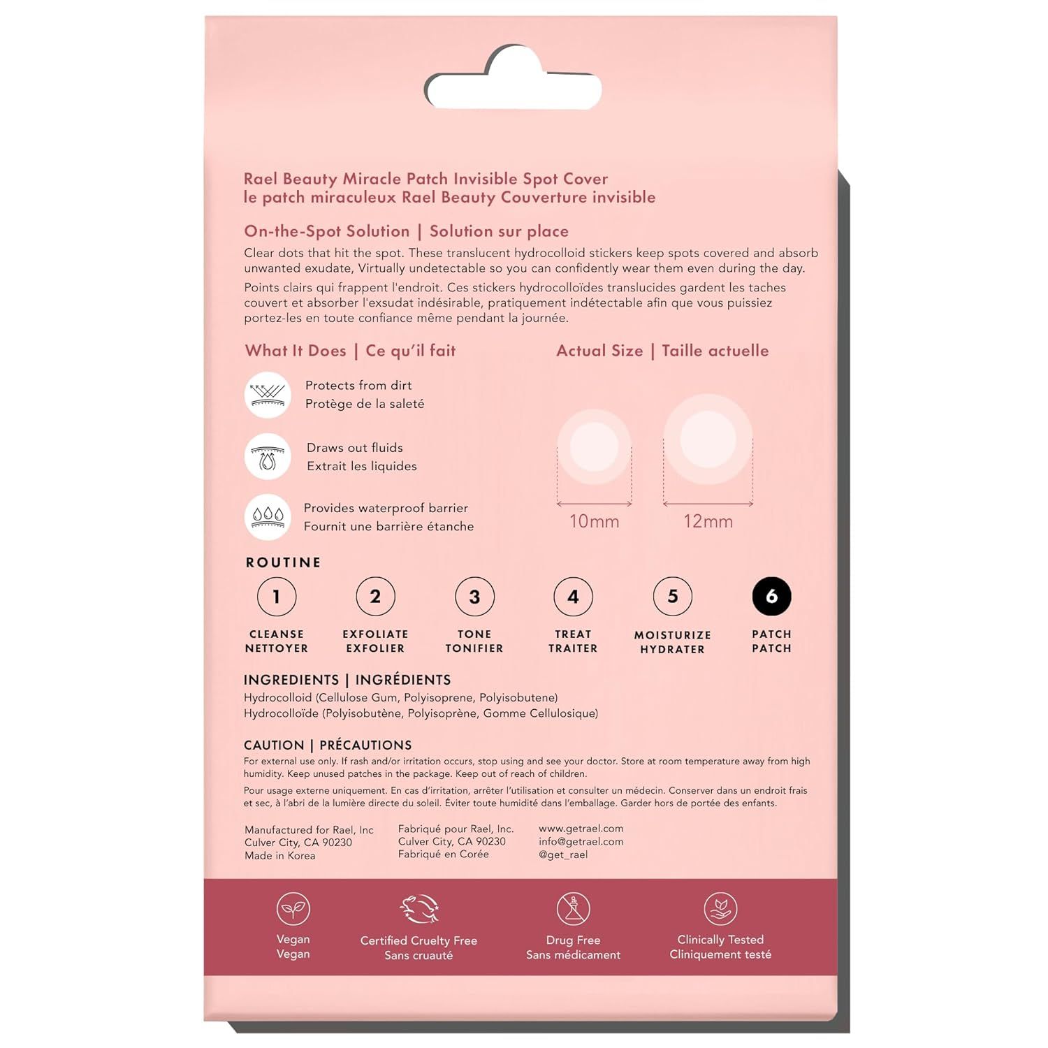 Communicates multiple benefits of the acne patch in a segmented layout, showing how it protects, absorbs, and provides a waterproof barrier while remaining virtually undetectable.