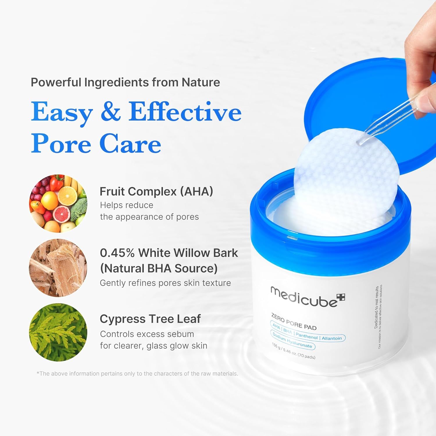 Breaks down the key natural ingredients in the pore care pads and explains what each ingredient does, reassuring shoppers about the product's natural formulation and specific benefits for pore care.