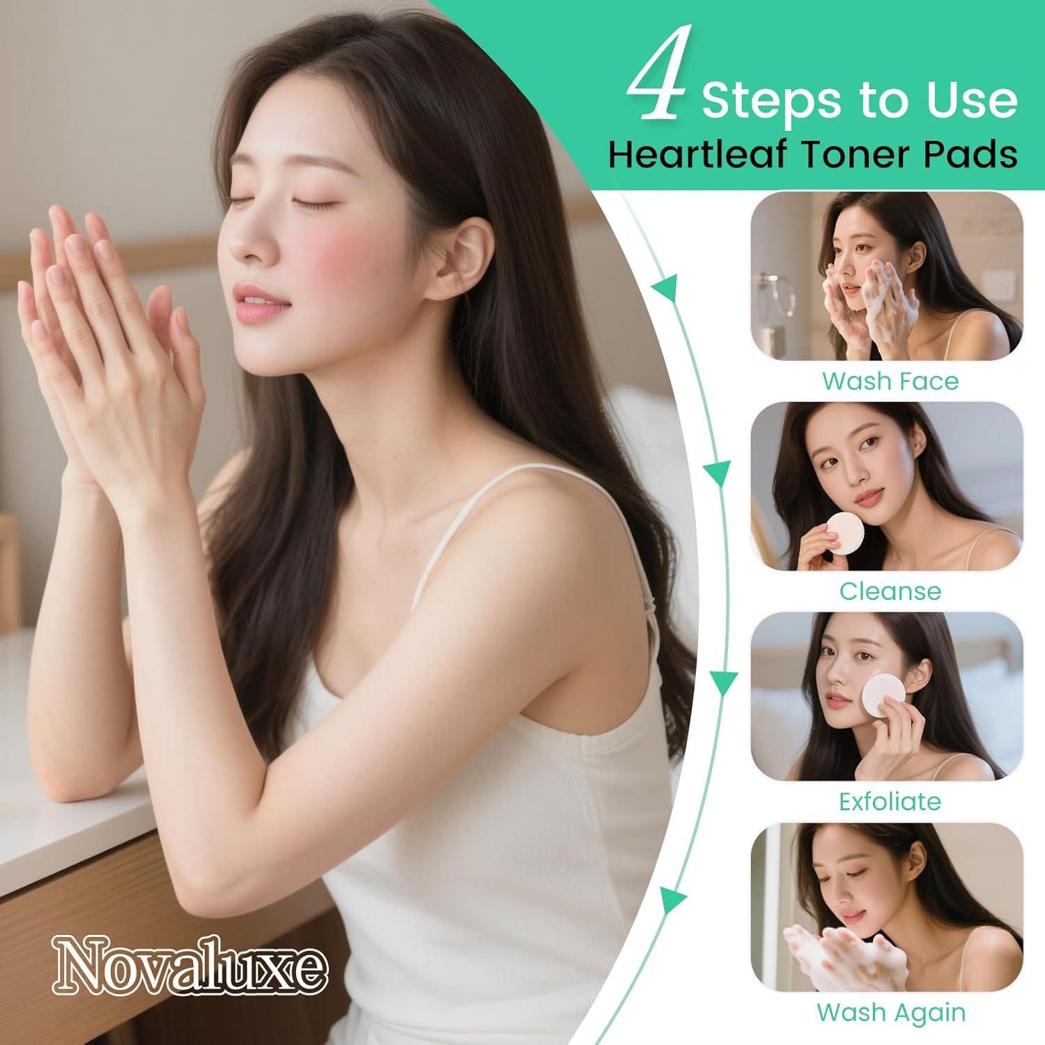 Provides clear step-by-step instructions on how to properly use the Heartleaf Toner Pads, guiding shoppers through the complete skincare routine from washing to final cleanse.
