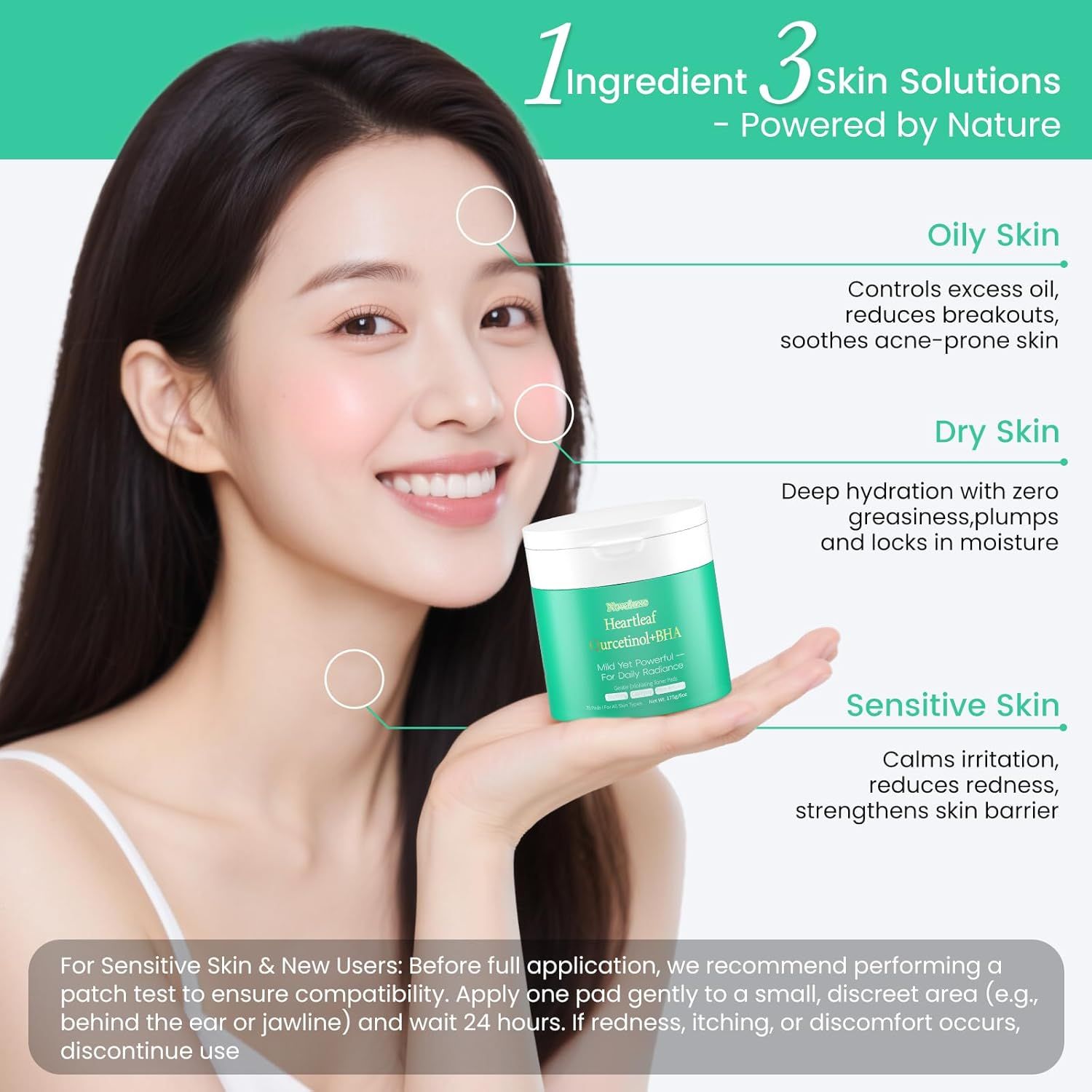 Demonstrates that one ingredient delivers three distinct skin solutions: controlling oil and breakouts, providing deep hydration, and calming sensitive skin to reassure shoppers of the product's…