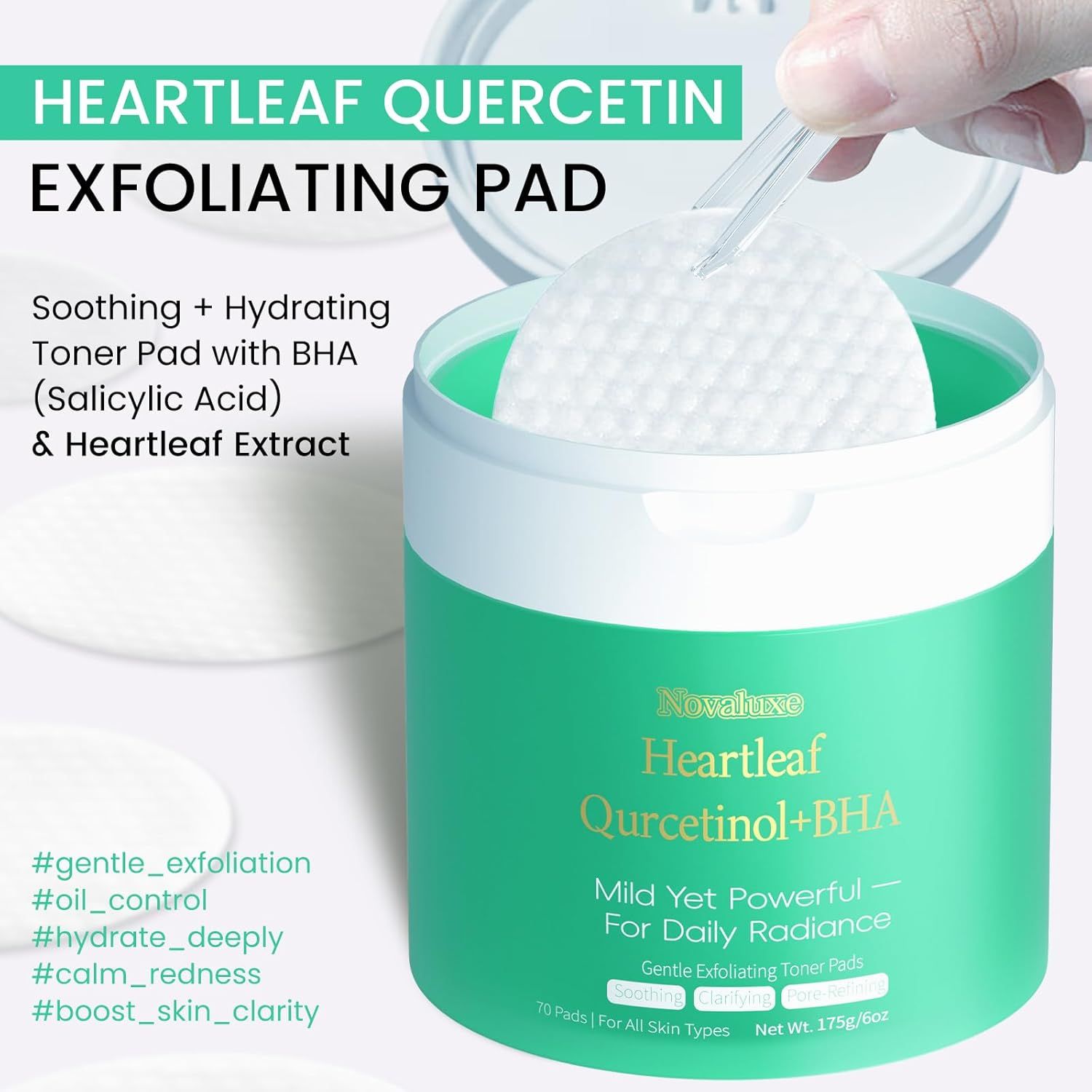 Communicates multiple skincare benefits of the exfoliating toner pad, including gentle exfoliation with BHA, oil control, hydration, calming redness, and improving skin clarity to appeal to shoppers…