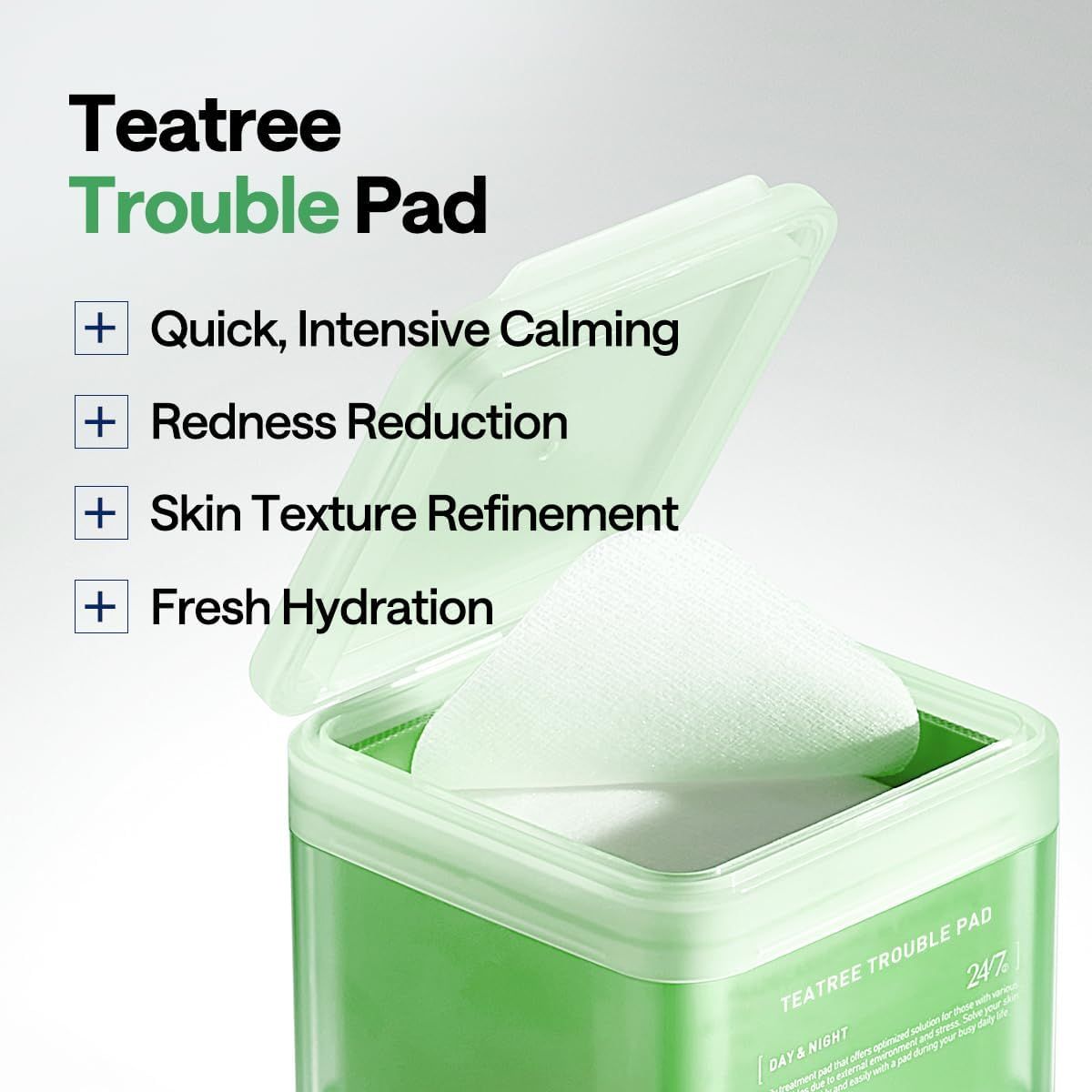 Communicates multiple skincare benefits of the Teatree Trouble Pad in a segmented list format to show shoppers the comprehensive treatment capabilities of the product.