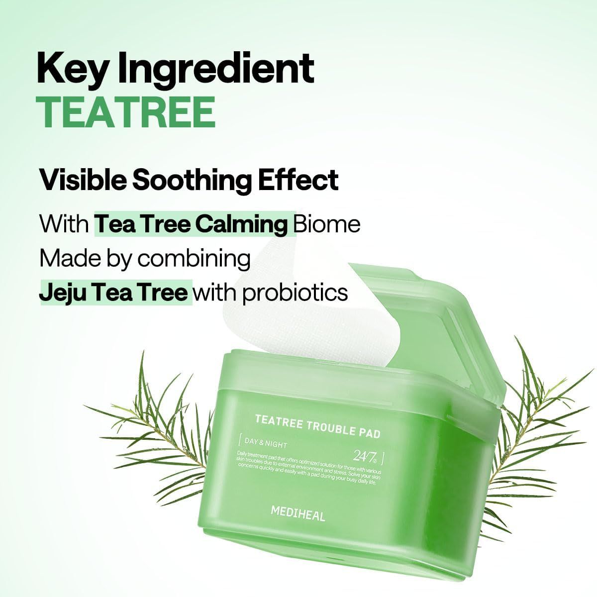 Highlights the key ingredient (tea tree) and its soothing, calming benefit to reassure shoppers about the product's effectiveness for skin concerns.