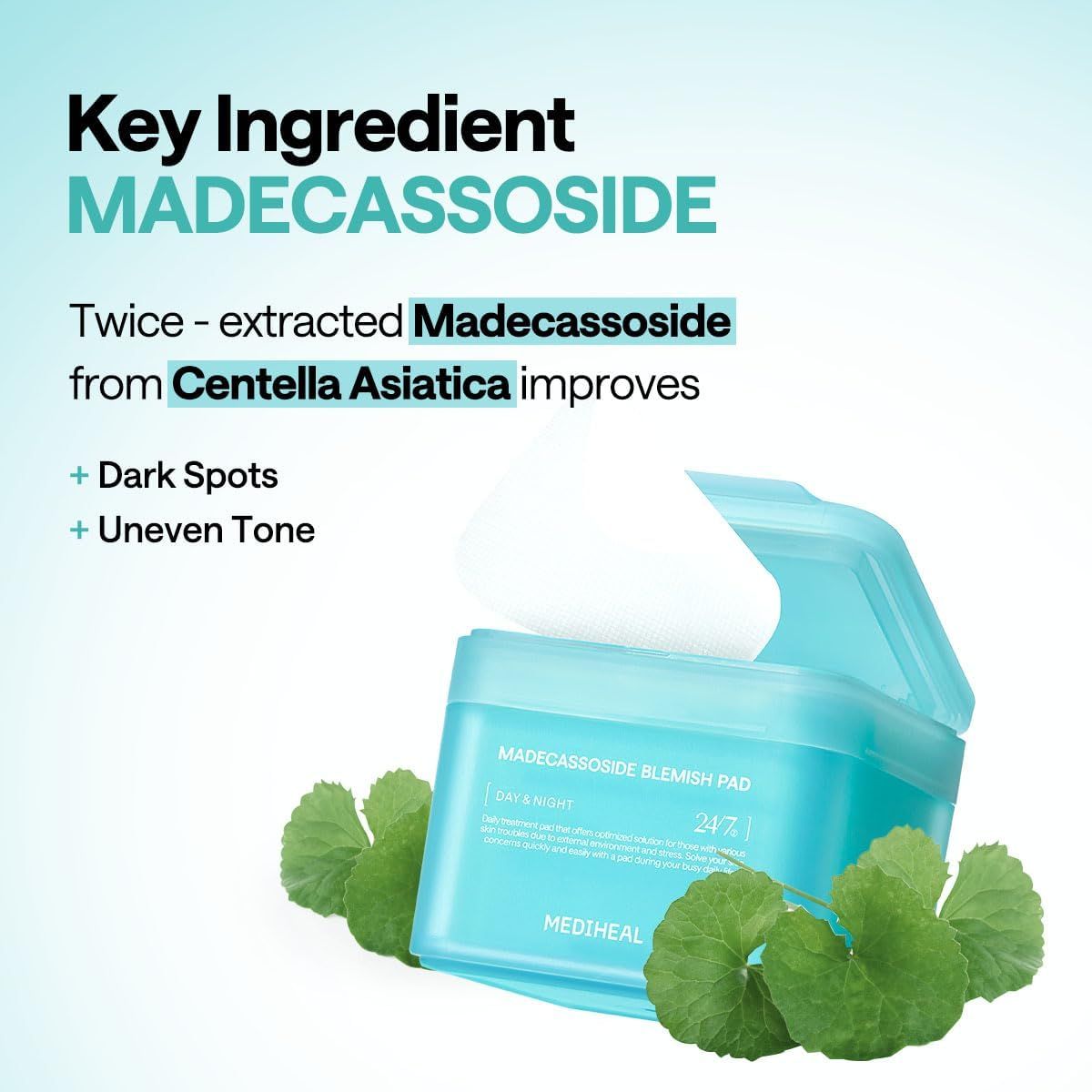 Highlights the key active ingredient (Madecassoside) and its benefits for improving dark spots and uneven skin tone, reassuring shoppers about the product's…