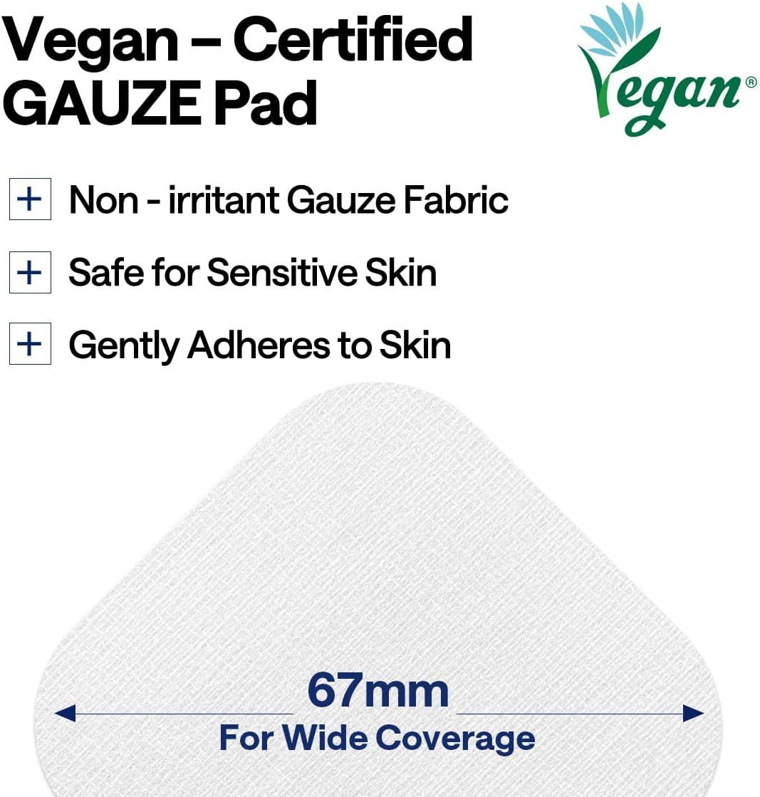 Communicates multiple key benefits of the gauze pad including its vegan certification, non-irritant fabric, skin safety, gentle adhesion, and size for wide…