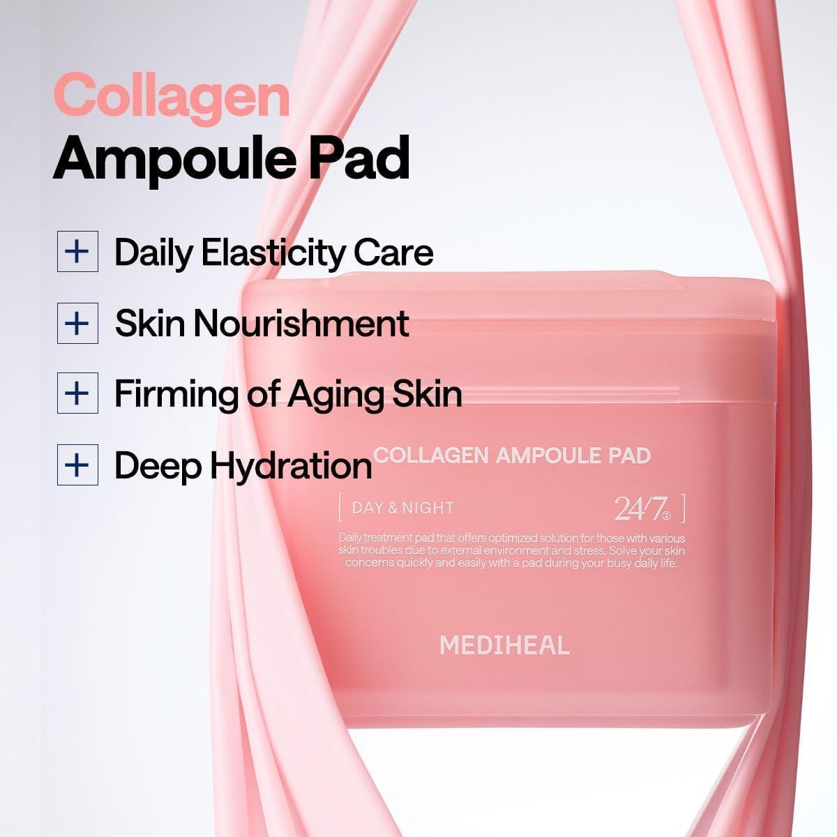Communicates multiple skincare benefits of the collagen ampoule pad in a segmented list format, reassuring shoppers that the product addresses elasticity,…