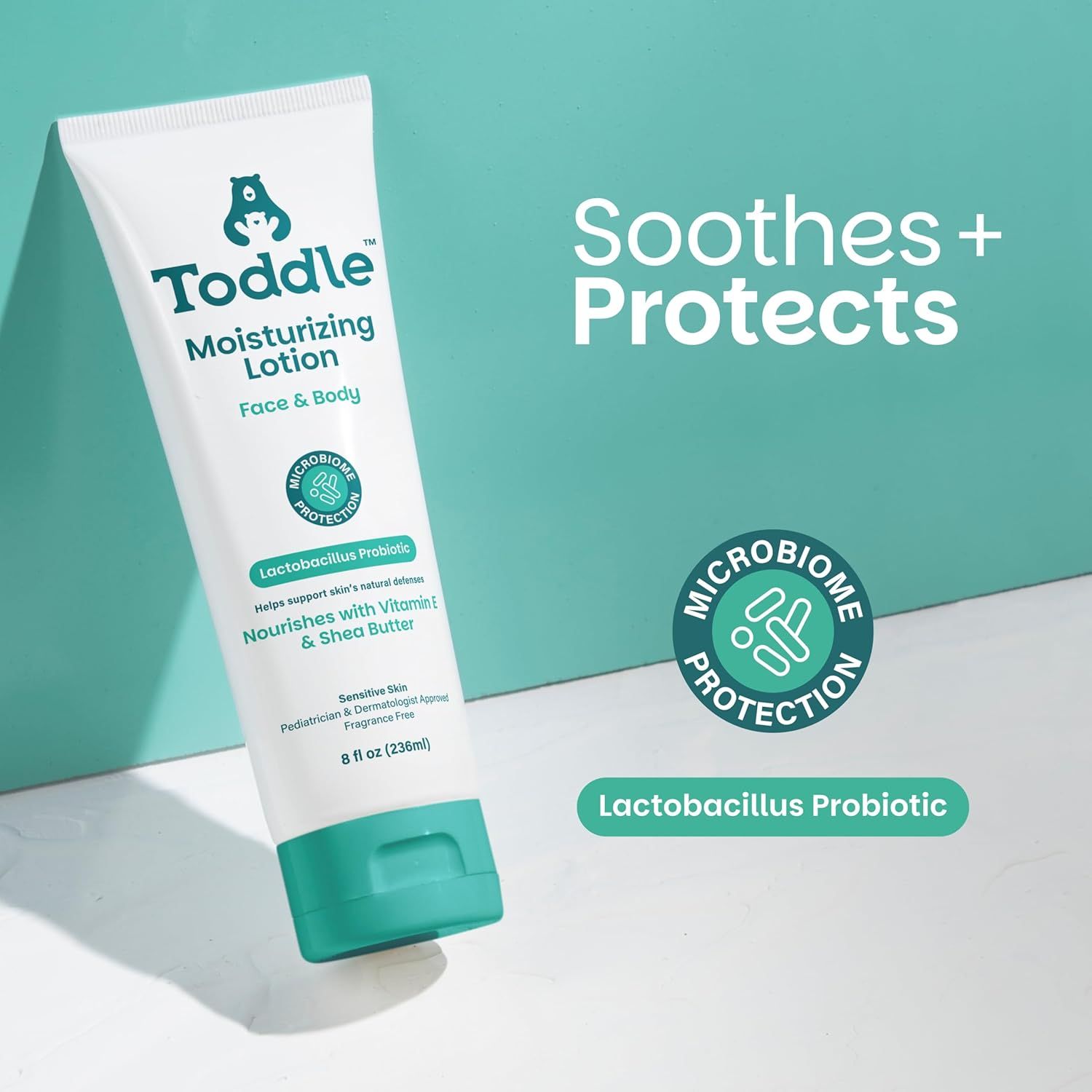 Highlights the product's unique microbiome protection feature with Lactobacillus Probiotic to reassure parents that the lotion soothes and protects their…