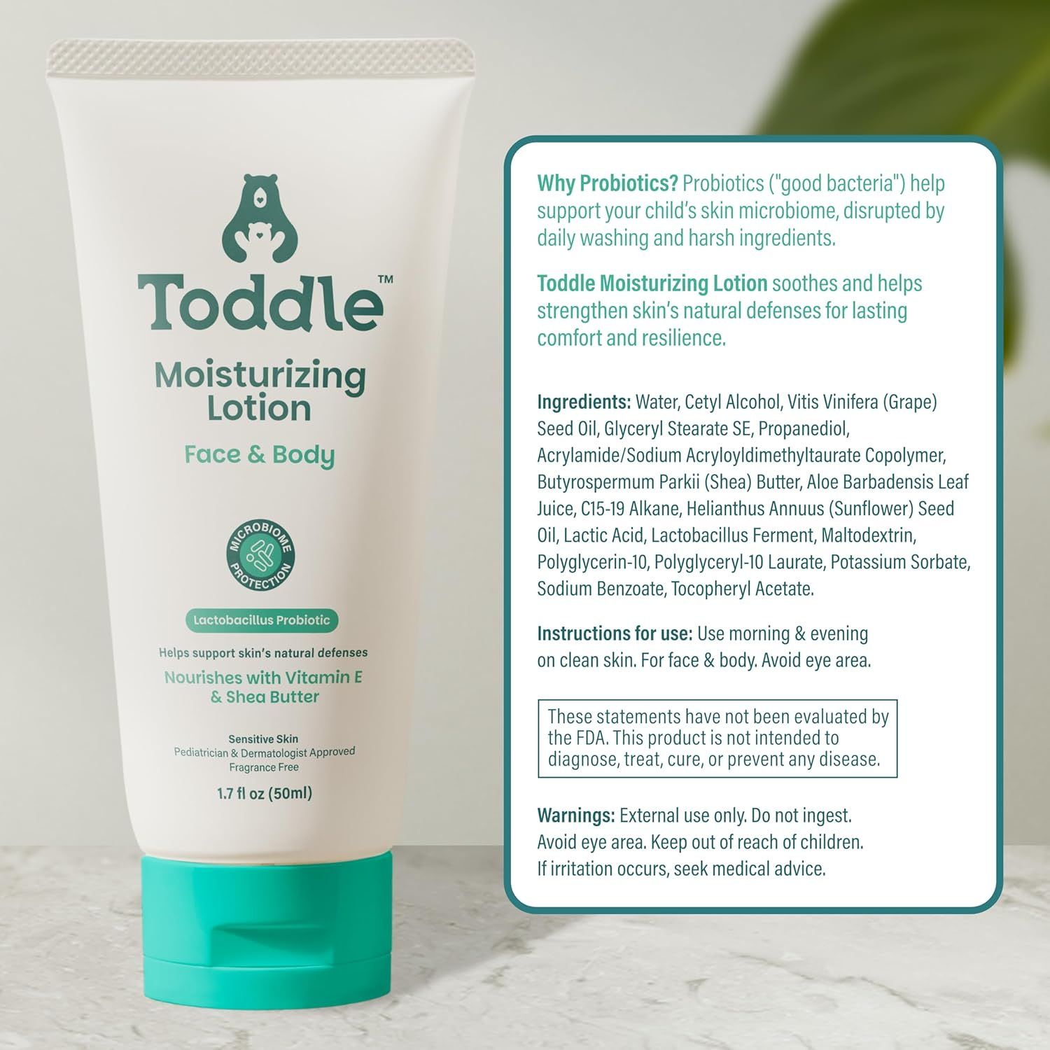 Communicates multiple distinct benefits of the moisturizing lotion including probiotic protection, nourishing ingredients, and skin microbiome support to…