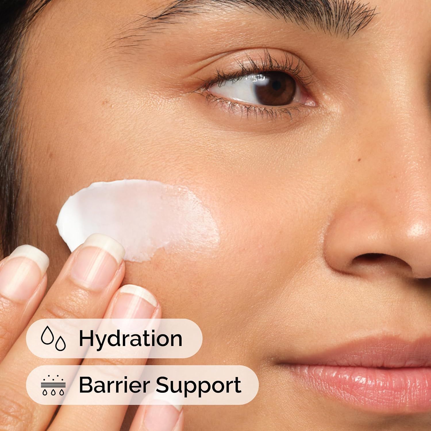 Communicates two distinct skincare benefits—hydration and barrier support—to show the product's dual-action effectiveness for skin health.