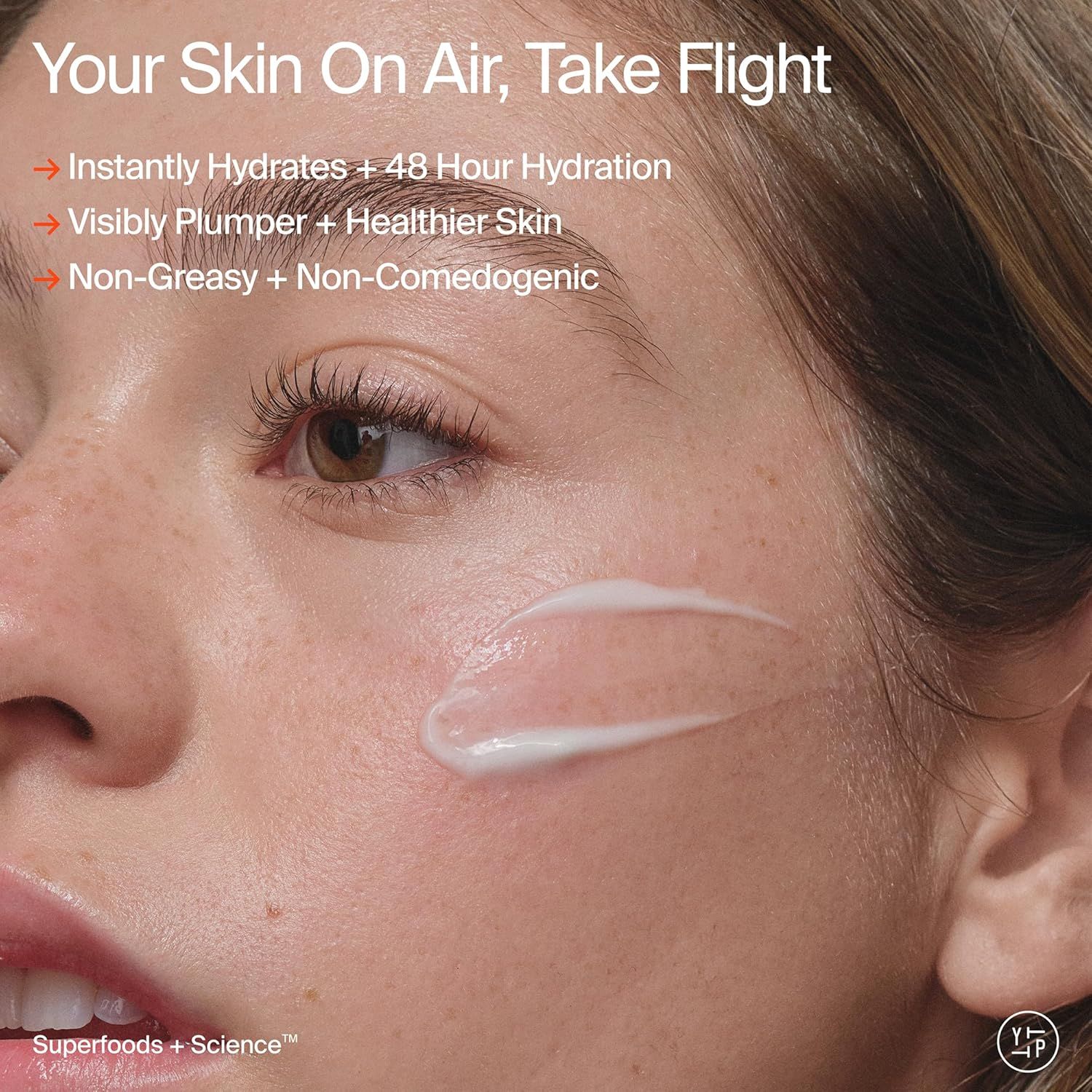 Communicates multiple key benefits of the skincare product including long-lasting hydration, visible skin improvement, and skin-friendly formulation to…