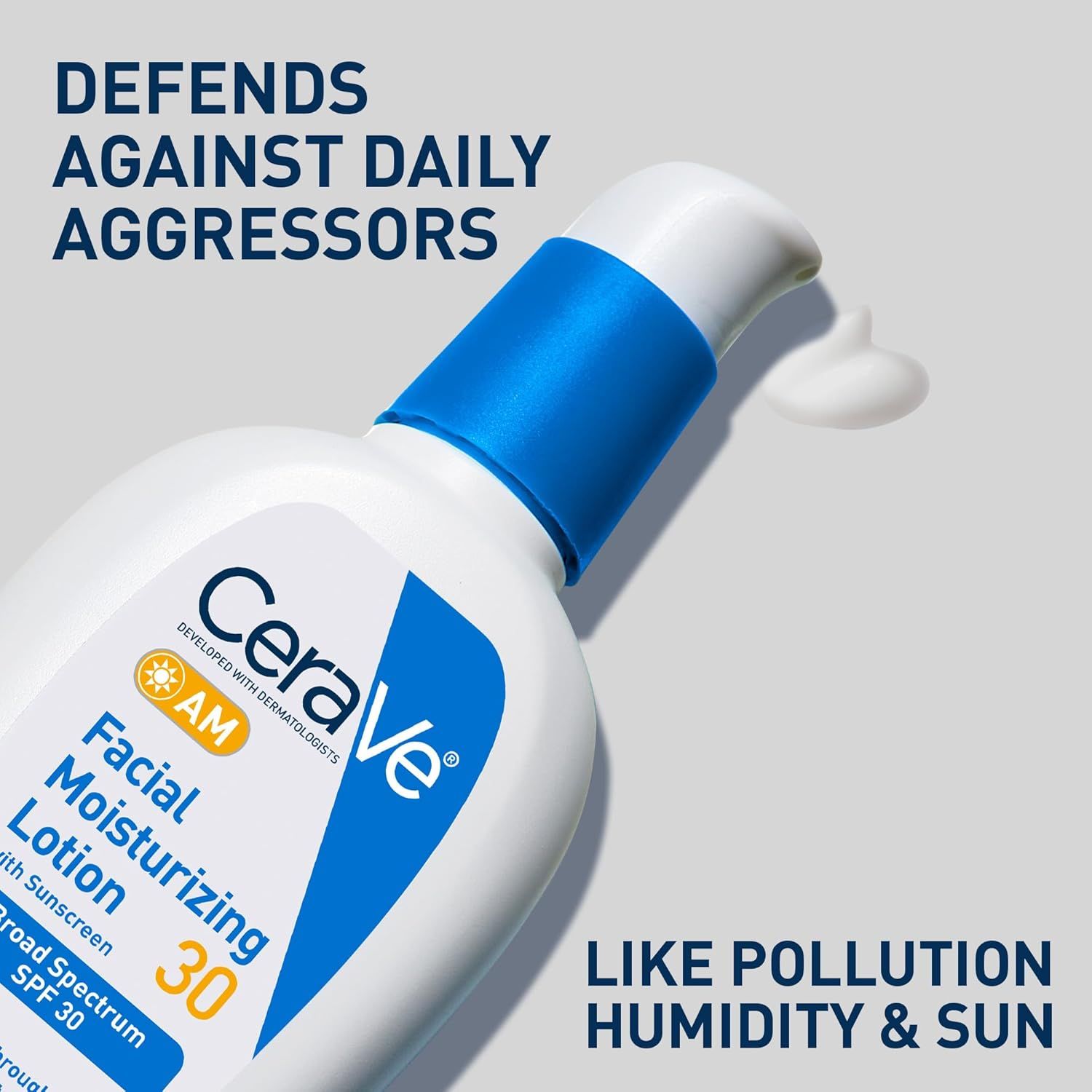 Communicates that the product defends against multiple environmental aggressors (pollution, humidity, and sun) to reassure shoppers of comprehensive daily…