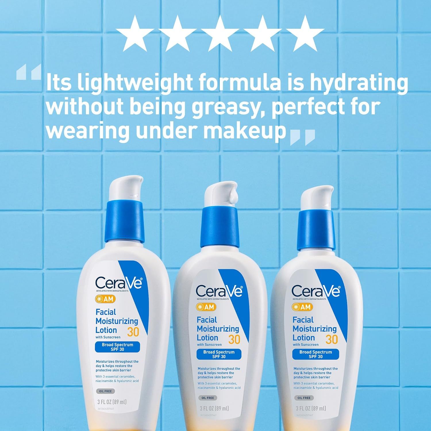 Uses a customer quote with 5-star rating to build trust and communicate that the product is lightweight, hydrating, non-greasy, and works well under makeup.