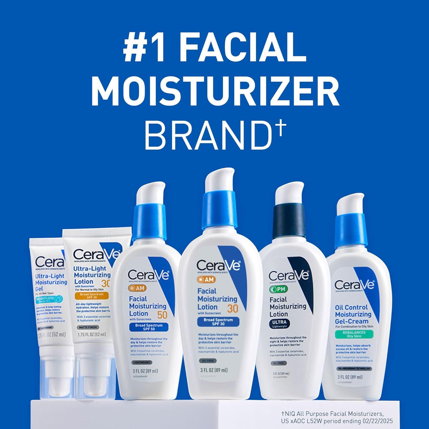 Communicates the brand's market leadership position and showcases the full CeraVe facial moisturizer product lineup to help shoppers understand the variety of…