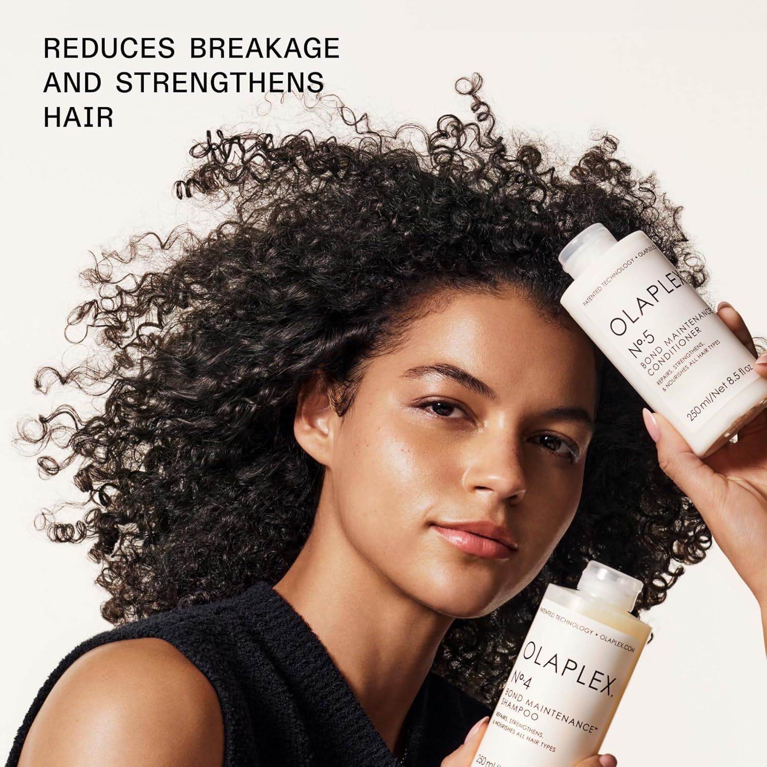 Communicates the primary benefit of the hair care products—reducing breakage and strengthening hair—through a clean lifestyle photo with a single headline and…