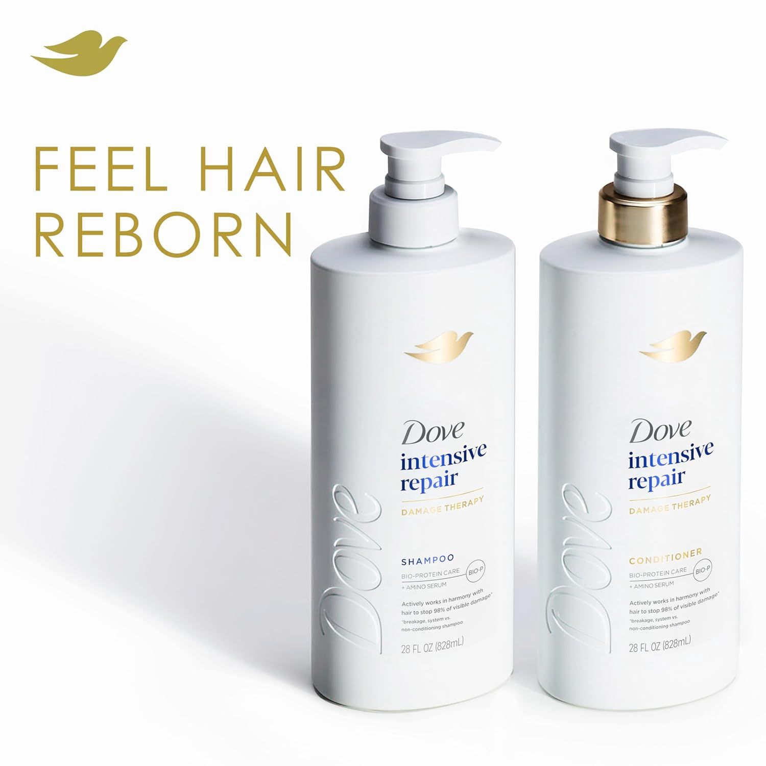 Showcases the Dove Intensive Repair product line (shampoo and conditioner) while reinforcing the brand's emotional messaging 'Feel Hair Reborn' to build brand…