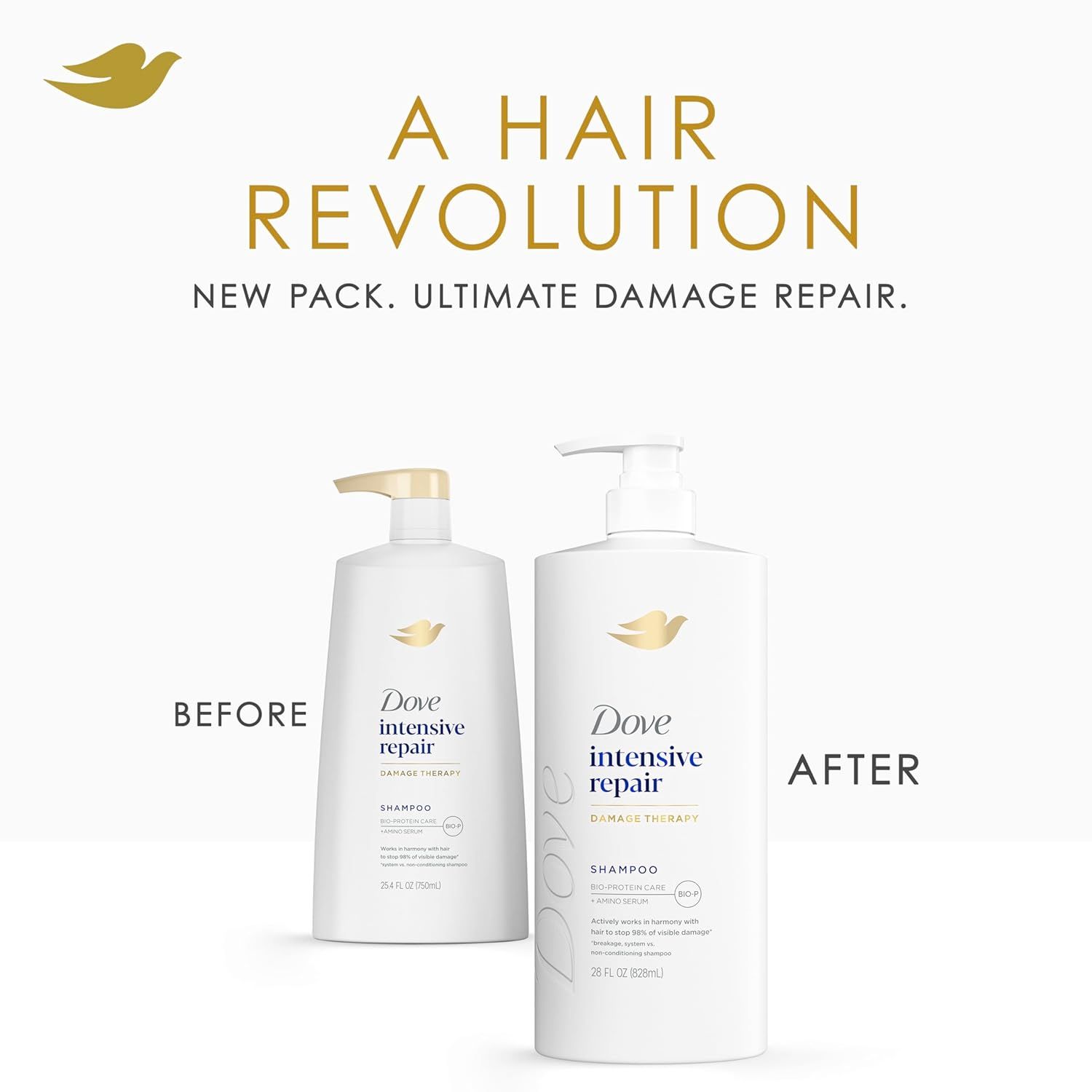 Demonstrates the product transformation from old packaging to new packaging, emphasizing the ultimate damage repair benefit to reassure shoppers of the product's effectiveness and updated…